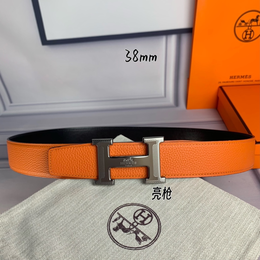 Hermès爱马仕双头尖双面原版原单品质进口头层牛皮橙色荔枝纹搭配黑色平纹寸半38mm配官网H马拉车花纹