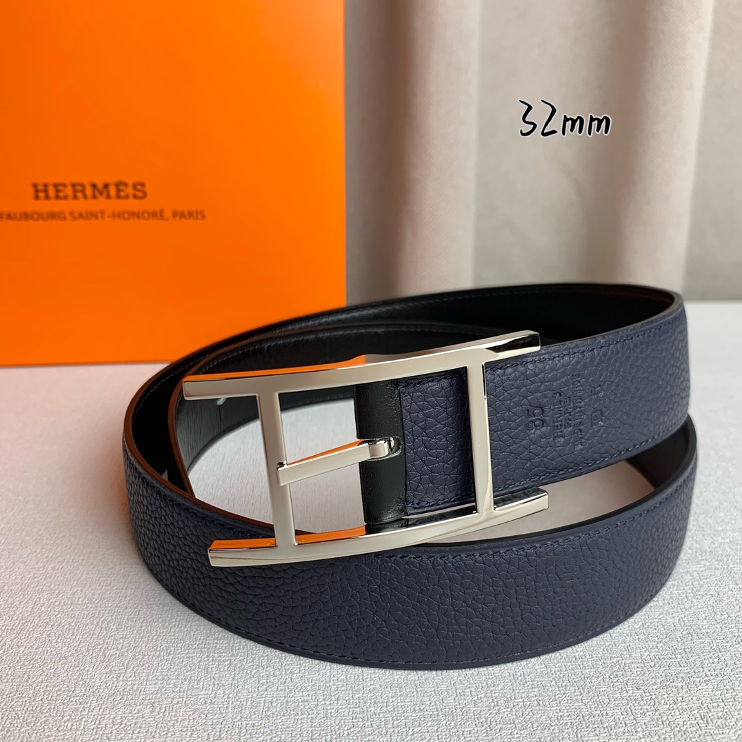   Hermès 爱马仕针扣  原单品质 进口头层牛皮 深蓝色荔枝纹搭配黑色平纹   32mm宽  双面