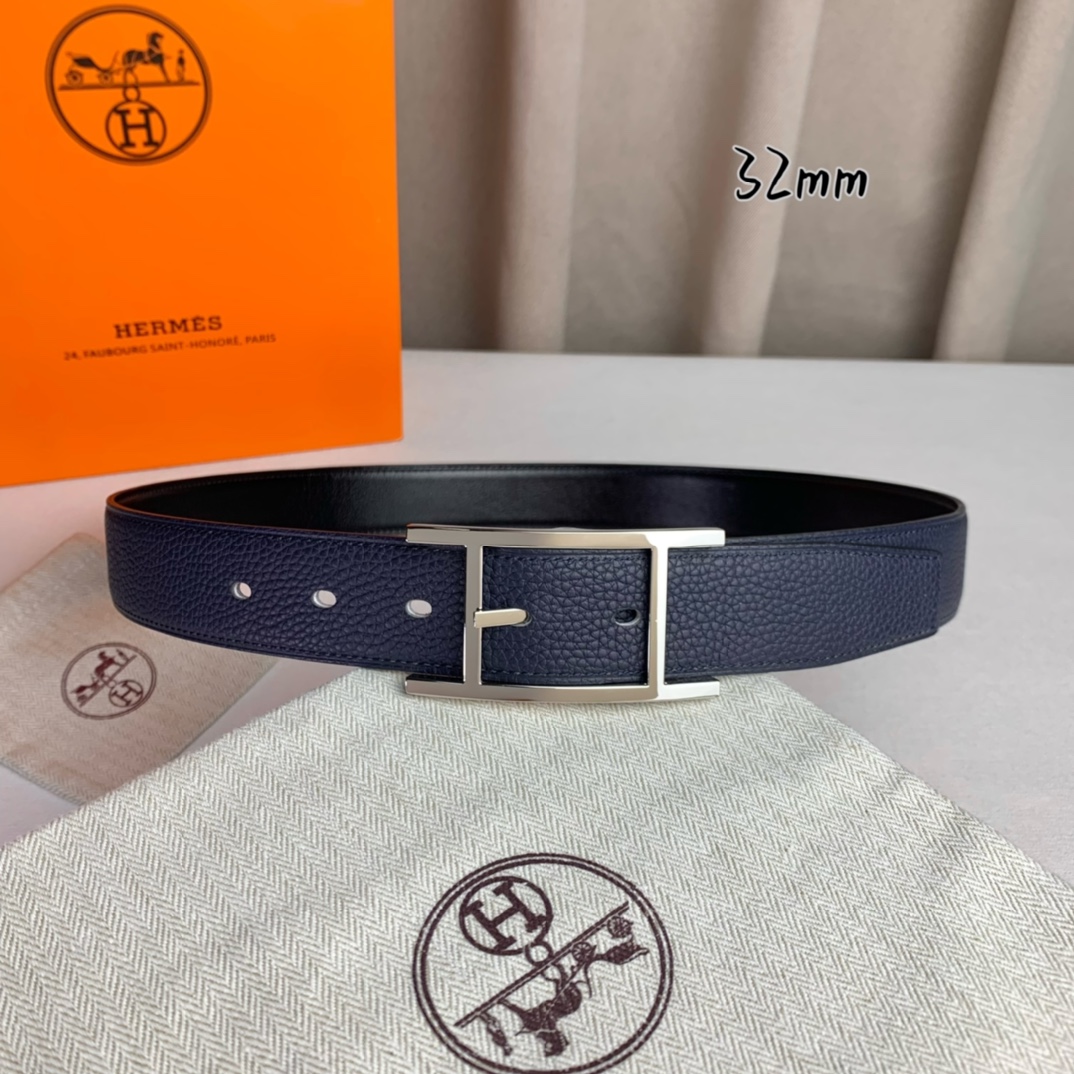   Hermès 爱马仕针扣  原单品质 进口头层牛皮 深蓝色荔枝纹搭配黑色平纹   32mm宽  双面