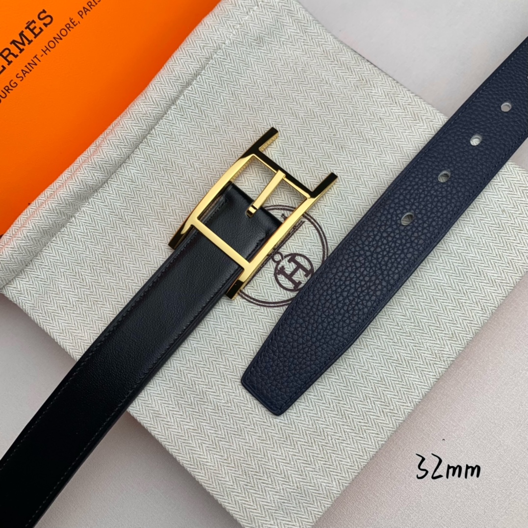   Hermès 爱马仕针扣  原单品质 进口头层牛皮 深蓝色荔枝纹搭配黑色平纹   32mm宽  双面