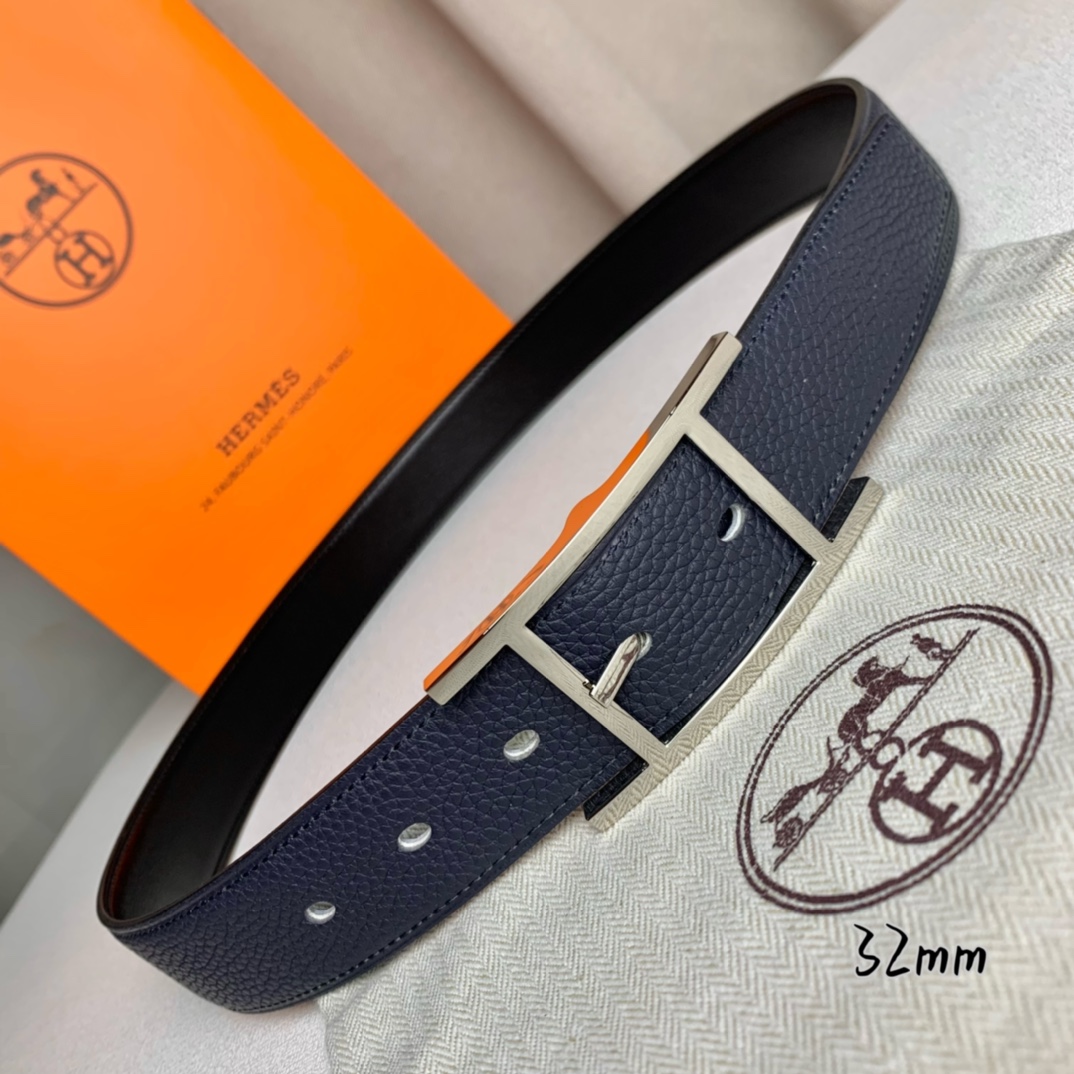   Hermès 爱马仕针扣  原单品质 进口头层牛皮 深蓝色荔枝纹搭配黑色平纹   32mm宽  双面