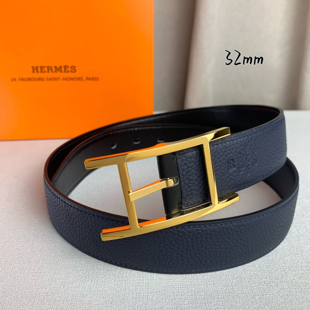   Hermès 爱马仕针扣  原单品质 进口头层牛皮 深蓝色荔枝纹搭配黑色平纹   32mm宽  双面