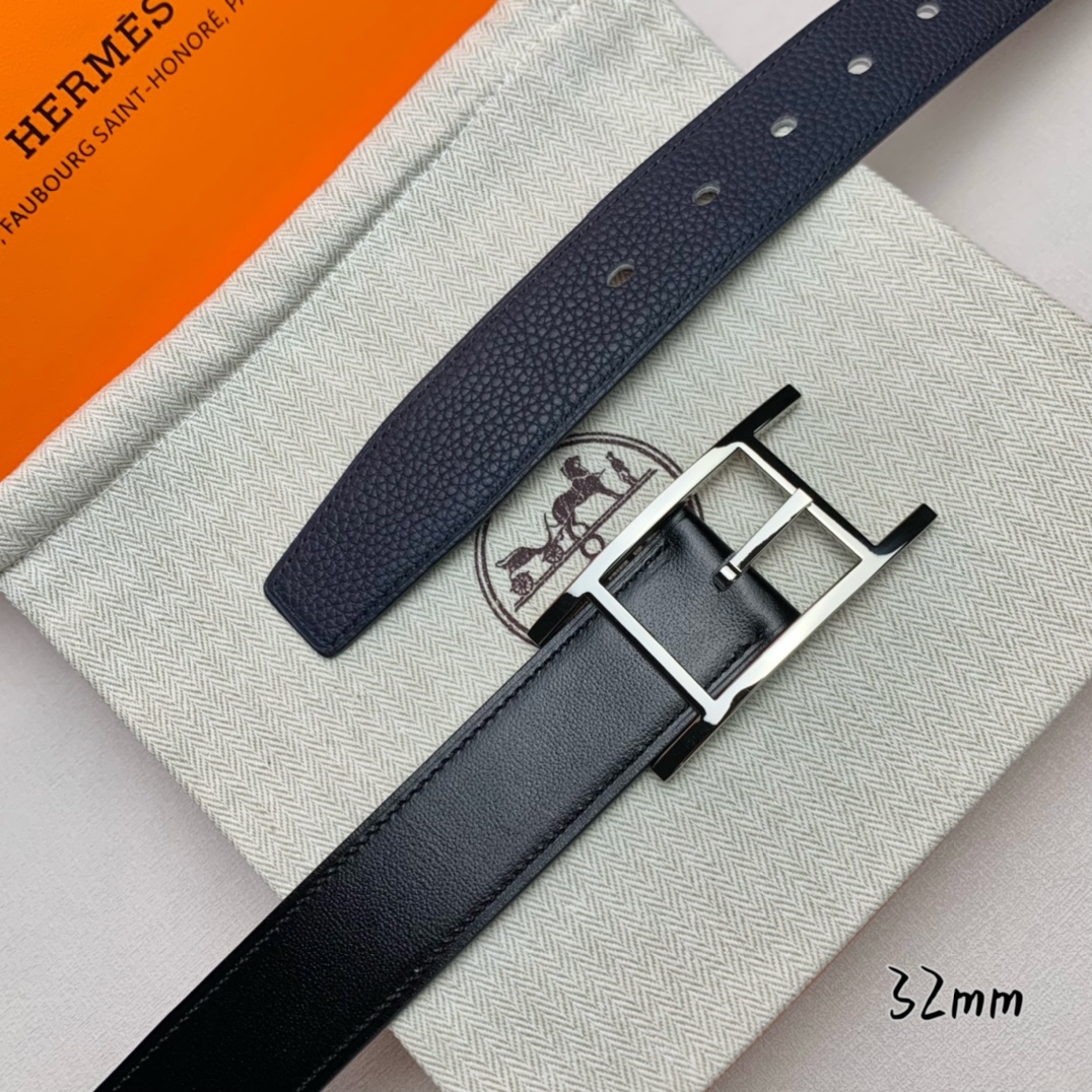   Hermès 爱马仕针扣  原单品质 进口头层牛皮 深蓝色荔枝纹搭配黑色平纹   32mm宽  双面