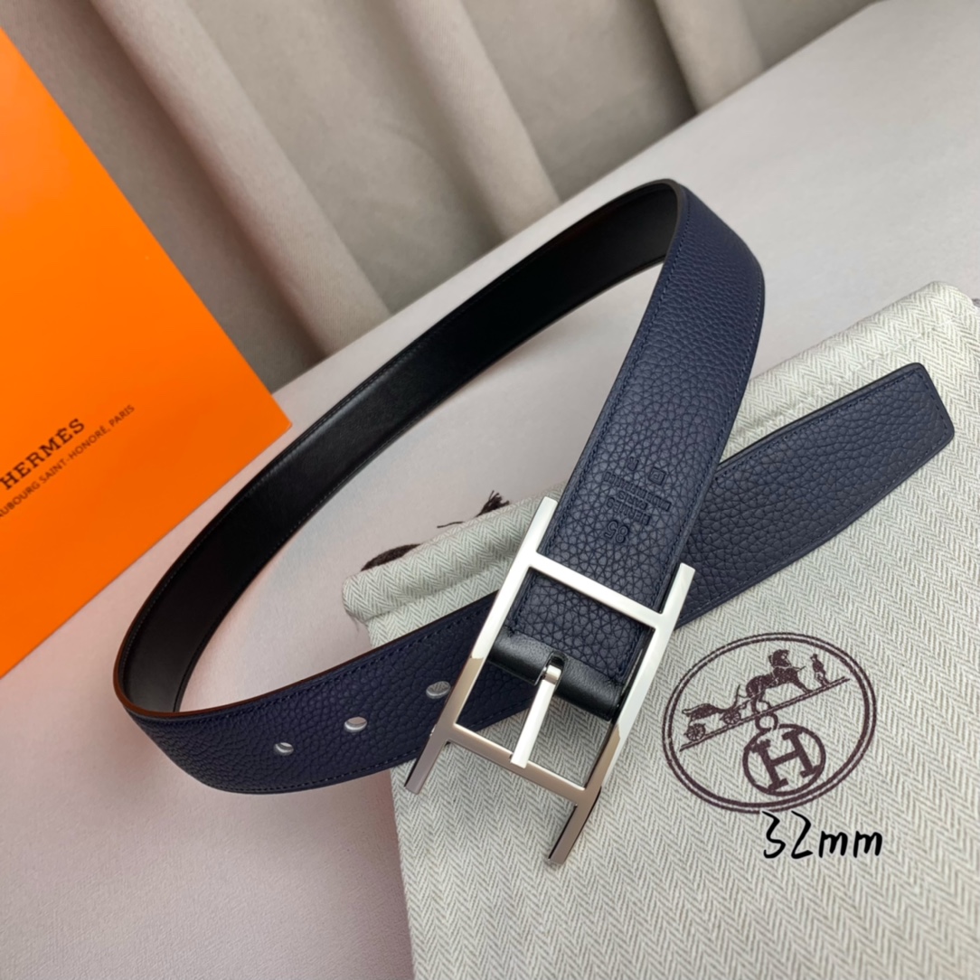   Hermès 爱马仕针扣  原单品质 进口头层牛皮 深蓝色荔枝纹搭配黑色平纹   32mm宽  双面