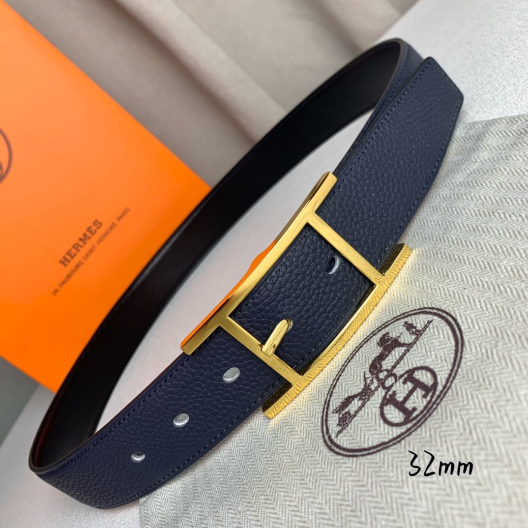   Hermès 爱马仕针扣  原单品质 进口头层牛皮 深蓝色荔枝纹搭配黑色平纹   32mm宽  双面