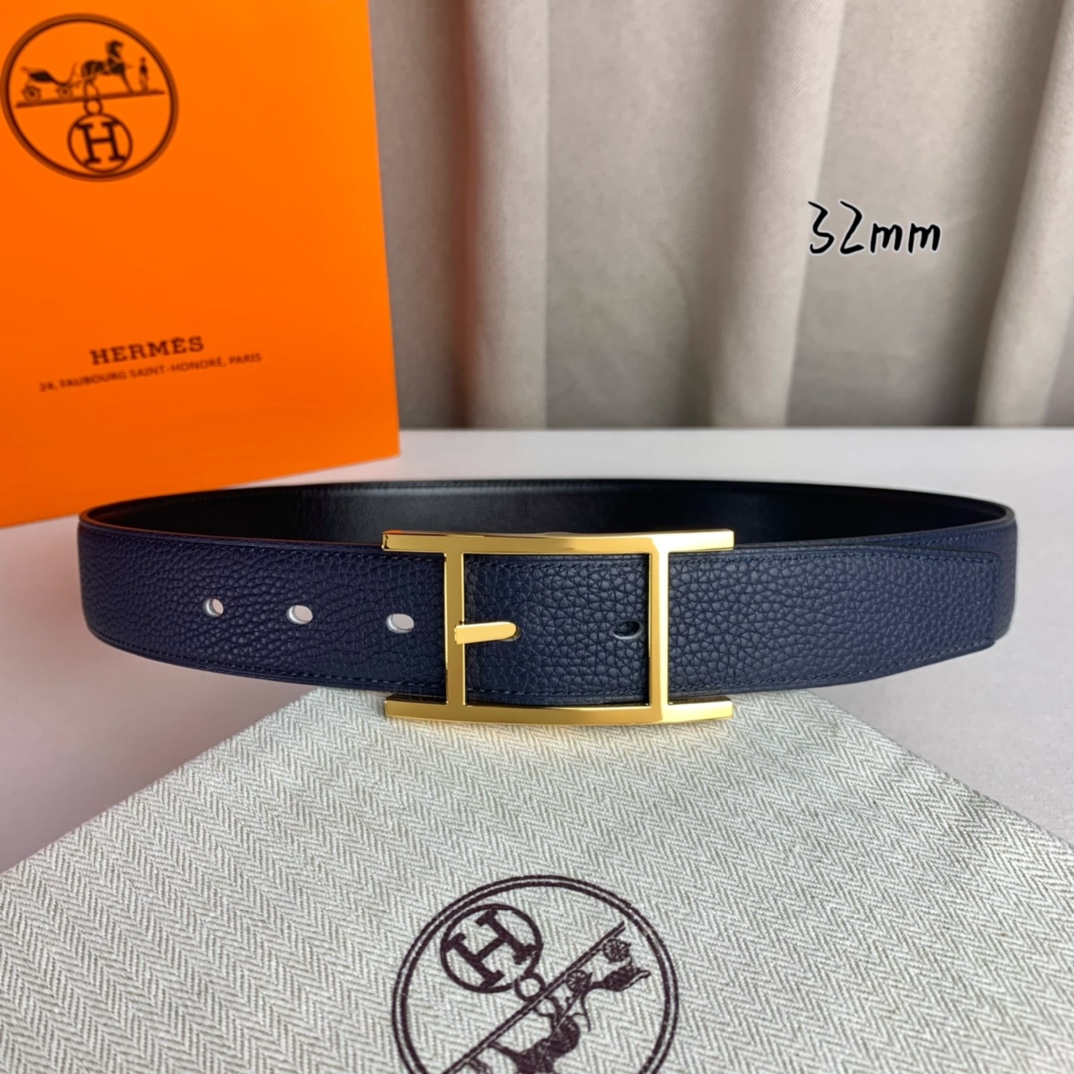   Hermès 爱马仕针扣  原单品质 进口头层牛皮 深蓝色荔枝纹搭配黑色平纹   32mm宽  双面