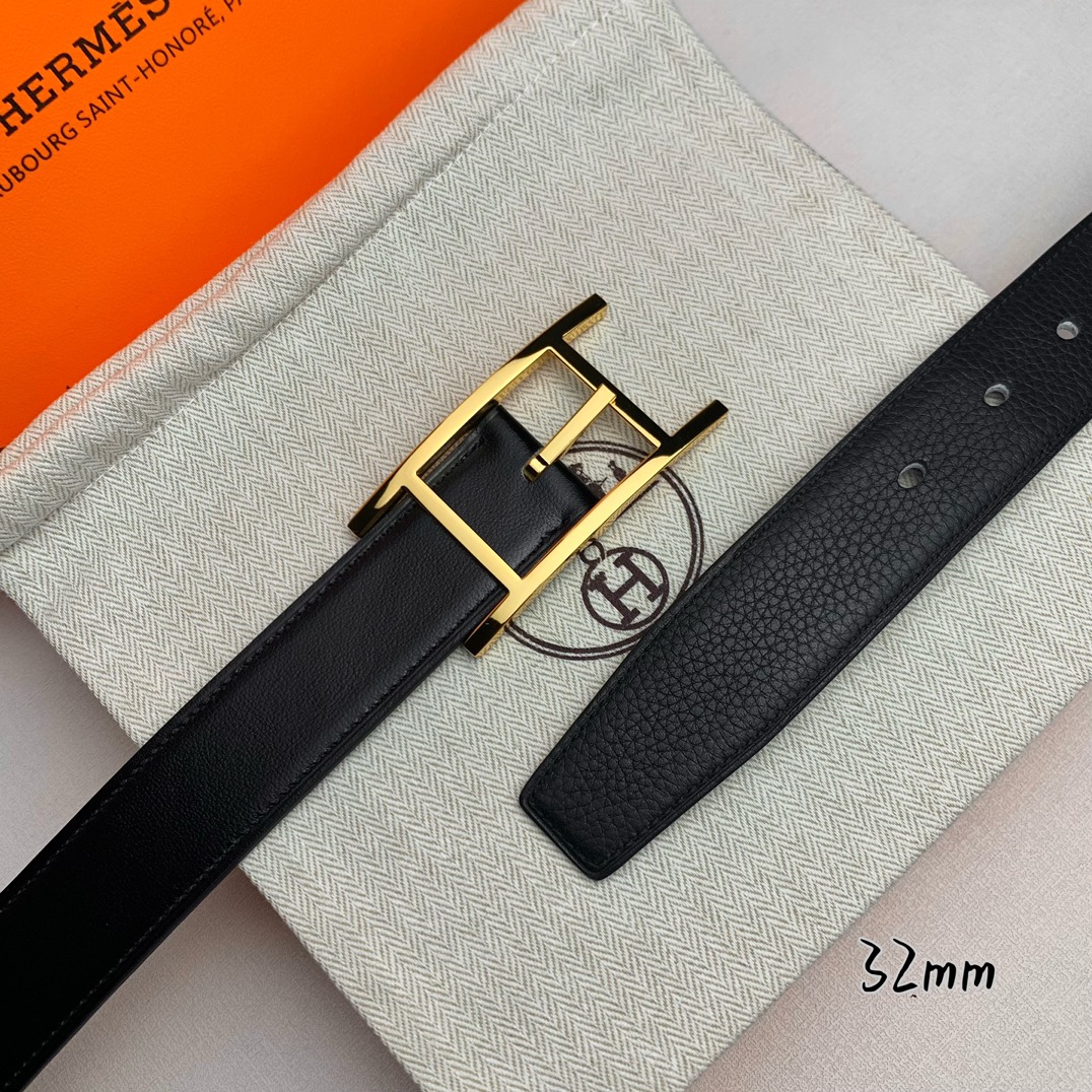  Hermès 爱马仕针扣  原单品质 进口头层牛皮 黑色荔枝纹搭配黑色平纹   32mm宽  双面可