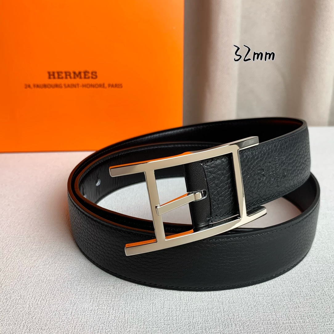  Hermès 爱马仕针扣  原单品质 进口头层牛皮 黑色荔枝纹搭配黑色平纹   32mm宽  双面可