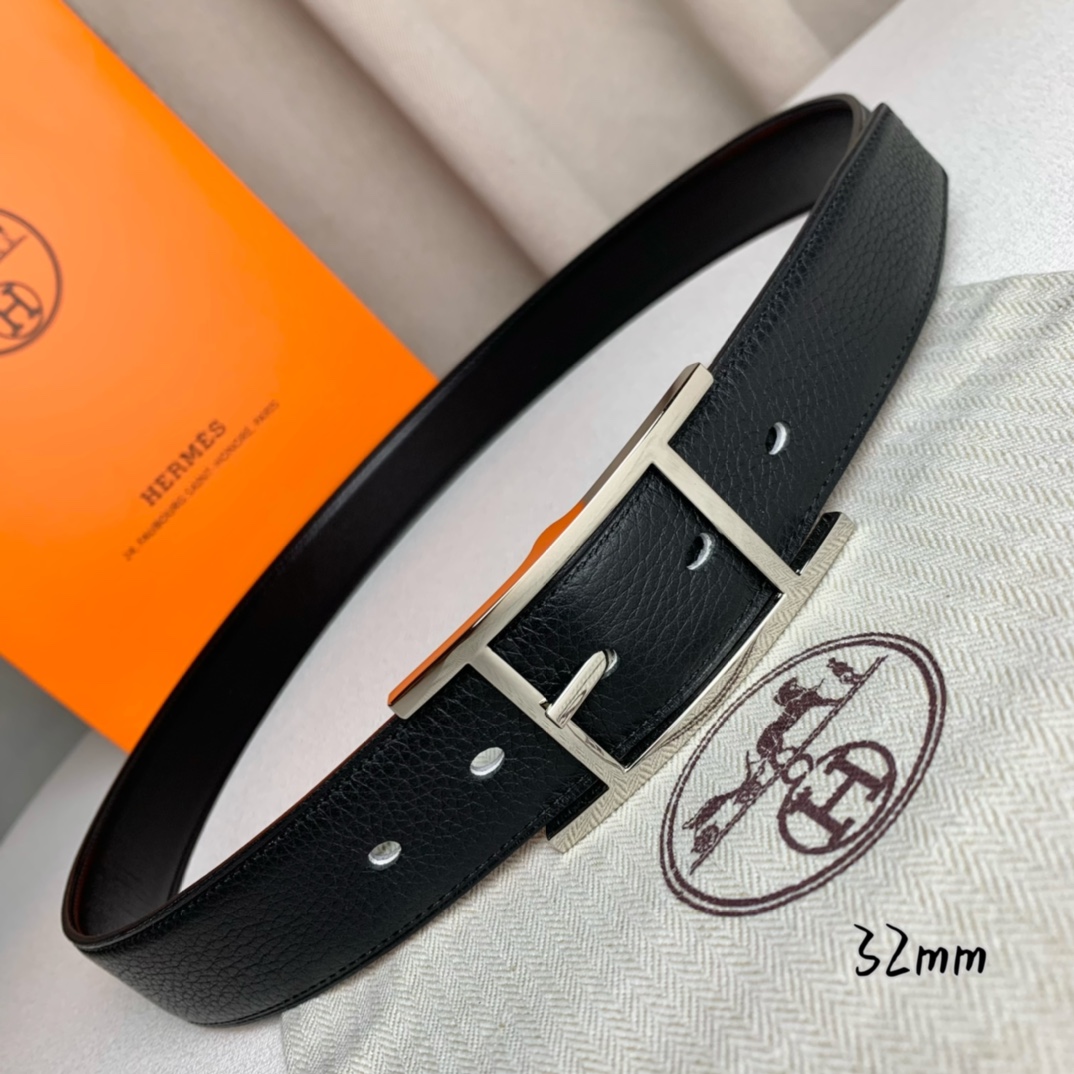   Hermès 爱马仕针扣  原单品质 进口头层牛皮 黑色荔枝纹搭配黑色平纹   32mm宽  双面可