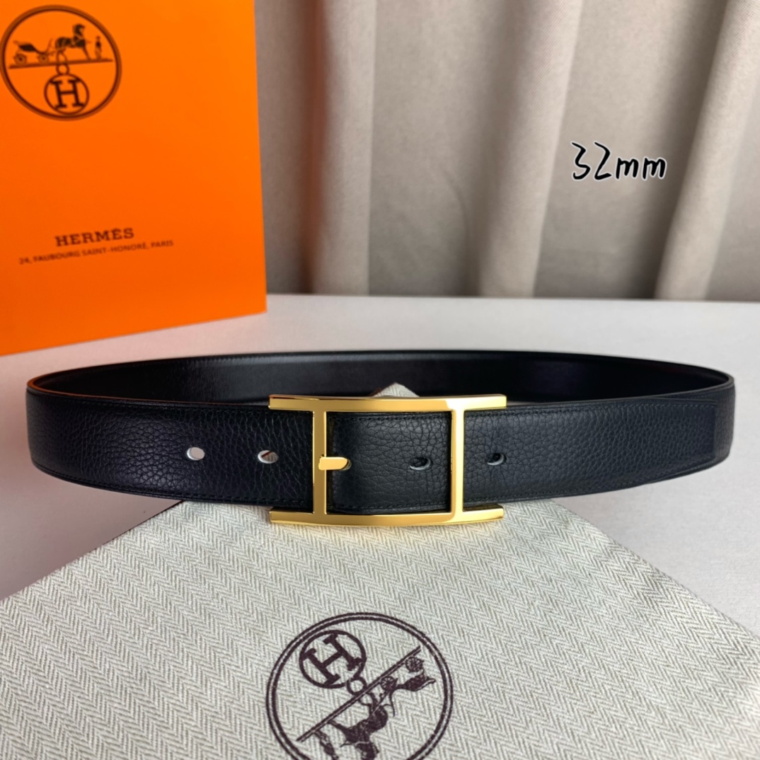   Hermès 爱马仕针扣  原单品质 进口头层牛皮 黑色荔枝纹搭配黑色平纹   32mm宽  双面可