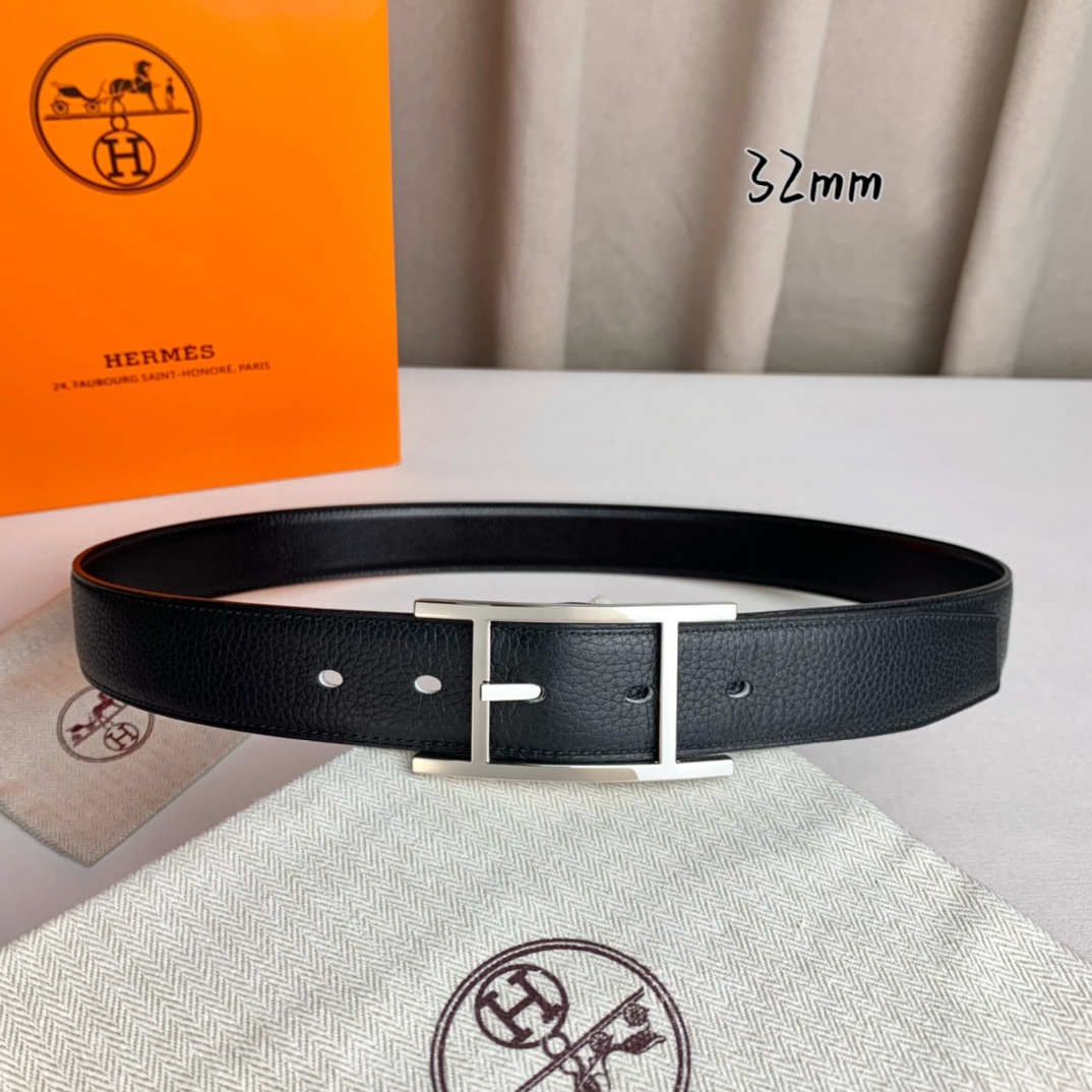   Hermès 爱马仕针扣  原单品质 进口头层牛皮 黑色荔枝纹搭配黑色平纹   32mm宽  双面可