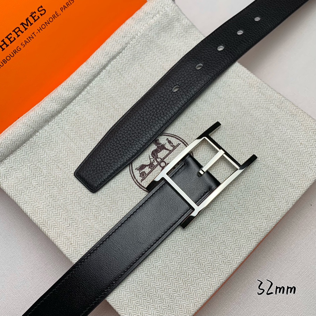   Hermès 爱马仕针扣  原单品质 进口头层牛皮 黑色荔枝纹搭配黑色平纹   32mm宽  双面可