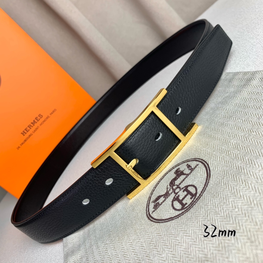   Hermès 爱马仕针扣  原单品质 进口头层牛皮 黑色荔枝纹搭配黑色平纹   32mm宽  双面可