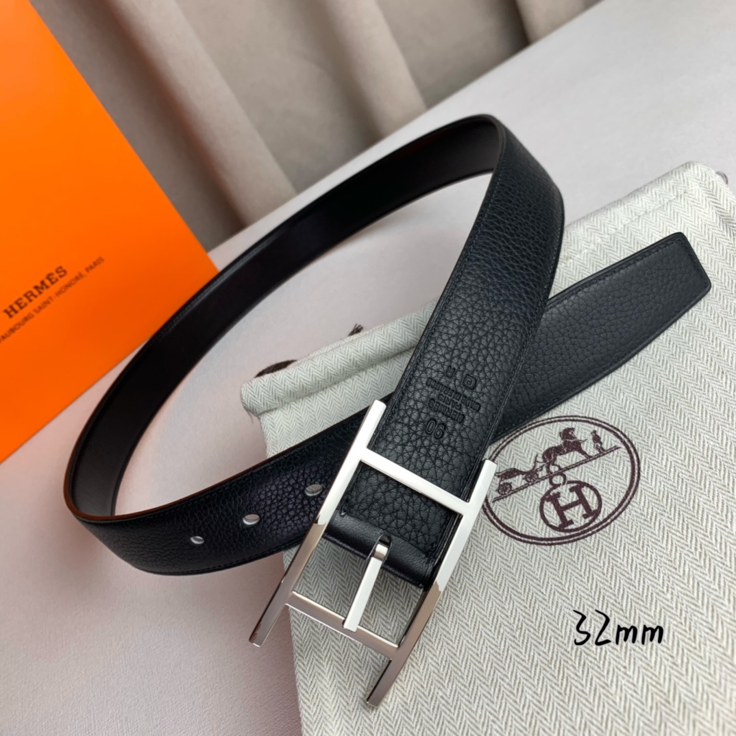   Hermès 爱马仕针扣  原单品质 进口头层牛皮 黑色荔枝纹搭配黑色平纹   32mm宽  双面可