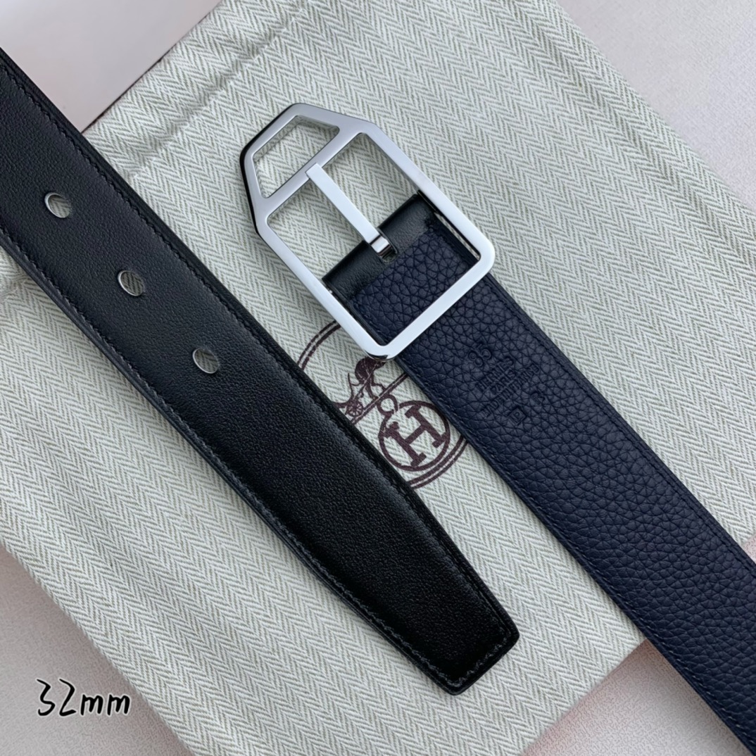   Hermès 爱马仕针扣  原单品质 进口头层牛皮 深蓝色荔枝纹搭配黑色平纹   32mm宽  双面