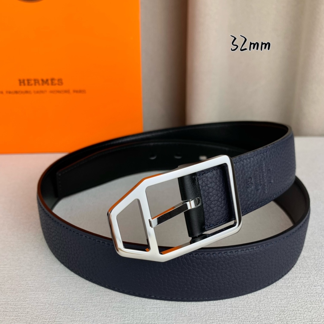   Hermès 爱马仕针扣  原单品质 进口头层牛皮 深蓝色荔枝纹搭配黑色平纹   32mm宽  双面