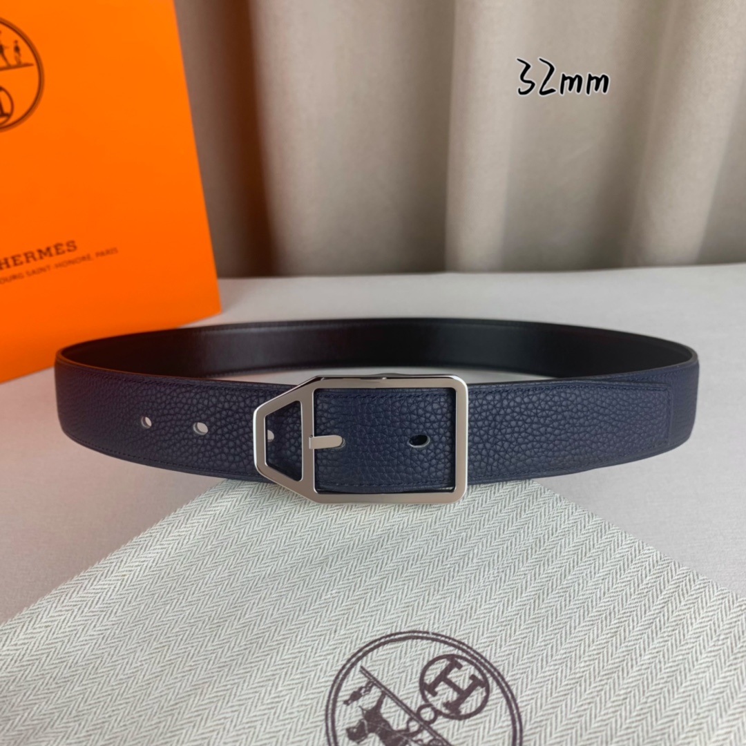   Hermès 爱马仕针扣  原单品质 进口头层牛皮 深蓝色荔枝纹搭配黑色平纹   32mm宽  双面