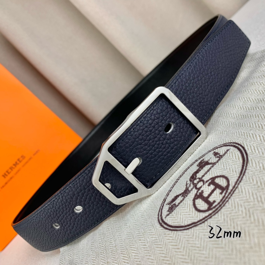   Hermès 爱马仕针扣  原单品质 进口头层牛皮 深蓝色荔枝纹搭配黑色平纹   32mm宽  双面