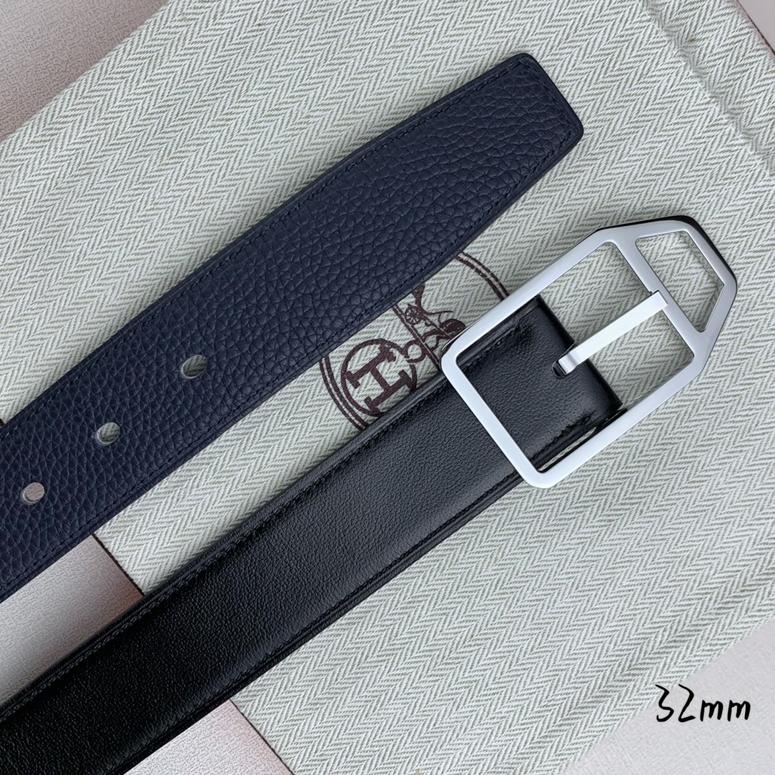   Hermès 爱马仕针扣  原单品质 进口头层牛皮 深蓝色荔枝纹搭配黑色平纹   32mm宽  双面