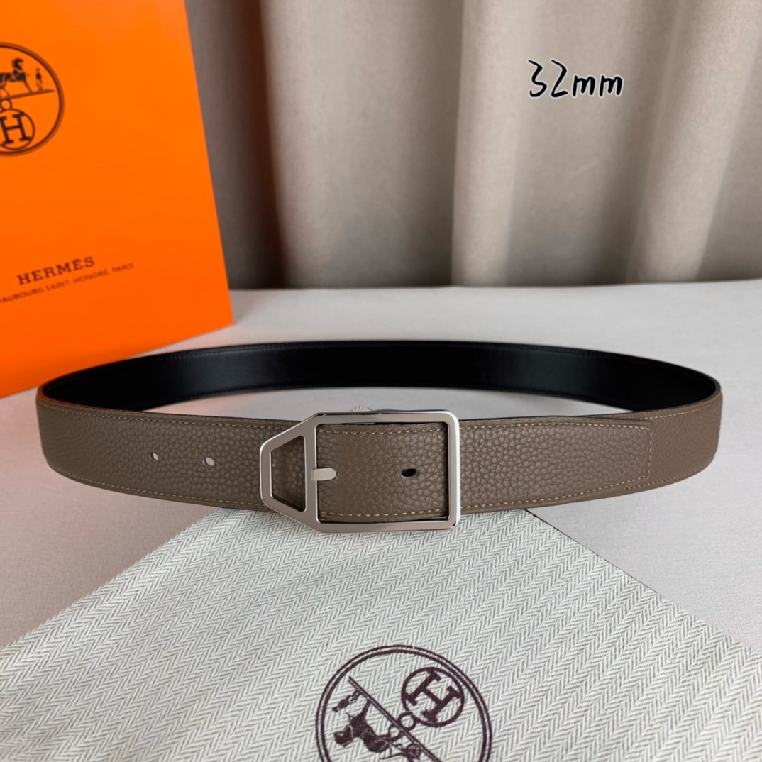   Hermès 爱马仕针扣  原单品质 进口头层牛皮 灰色荔枝纹搭配黑色平纹   32mm宽  双面可