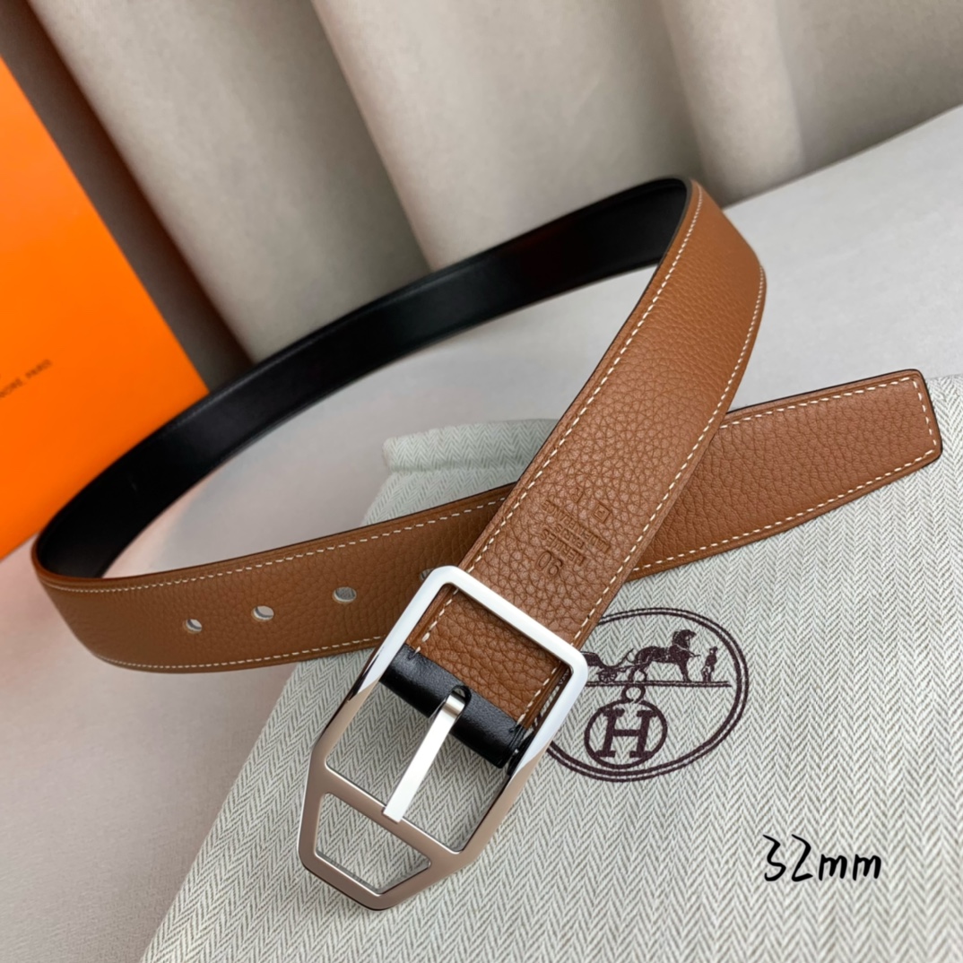   Hermès 爱马仕针扣  原单品质 进口头层牛皮 土黄色荔枝纹搭配黑色平纹   32mm宽  双面