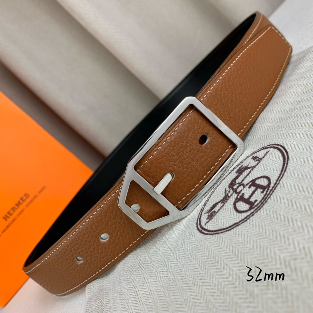   Hermès 爱马仕针扣  原单品质 进口头层牛皮 土黄色荔枝纹搭配黑色平纹   32mm宽  双面