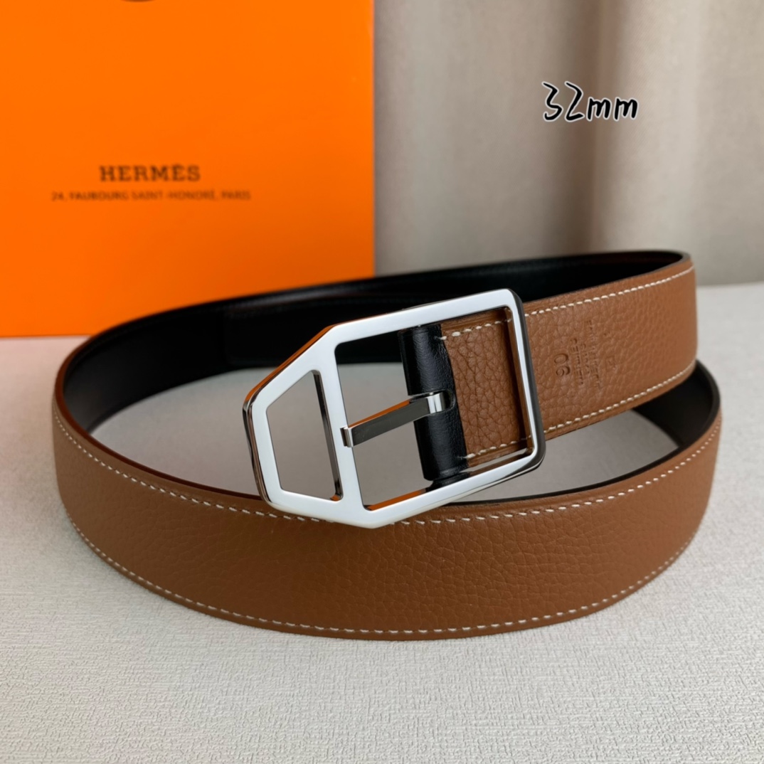   Hermès 爱马仕针扣  原单品质 进口头层牛皮 土黄色荔枝纹搭配黑色平纹   32mm宽  双面