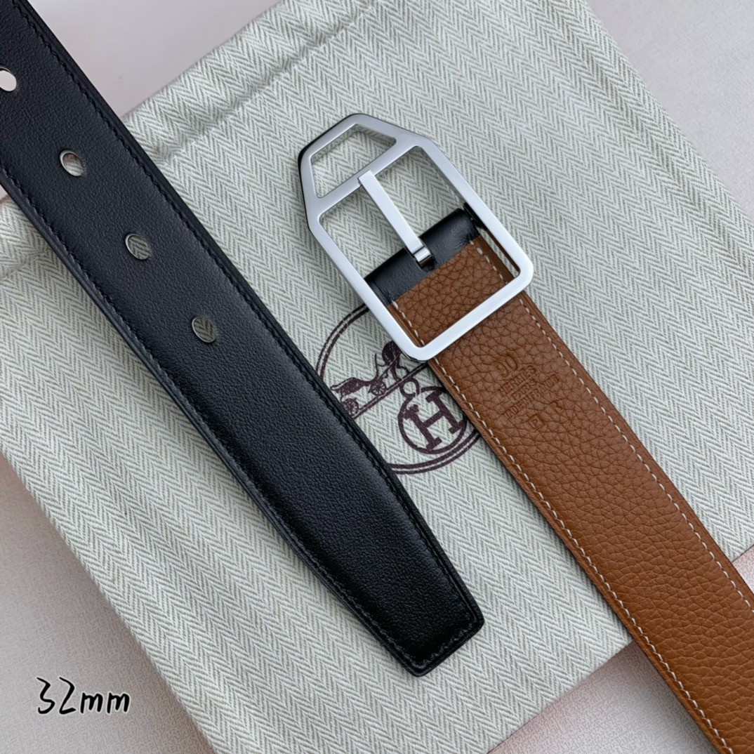   Hermès 爱马仕针扣  原单品质 进口头层牛皮 土黄色荔枝纹搭配黑色平纹   32mm宽  双面