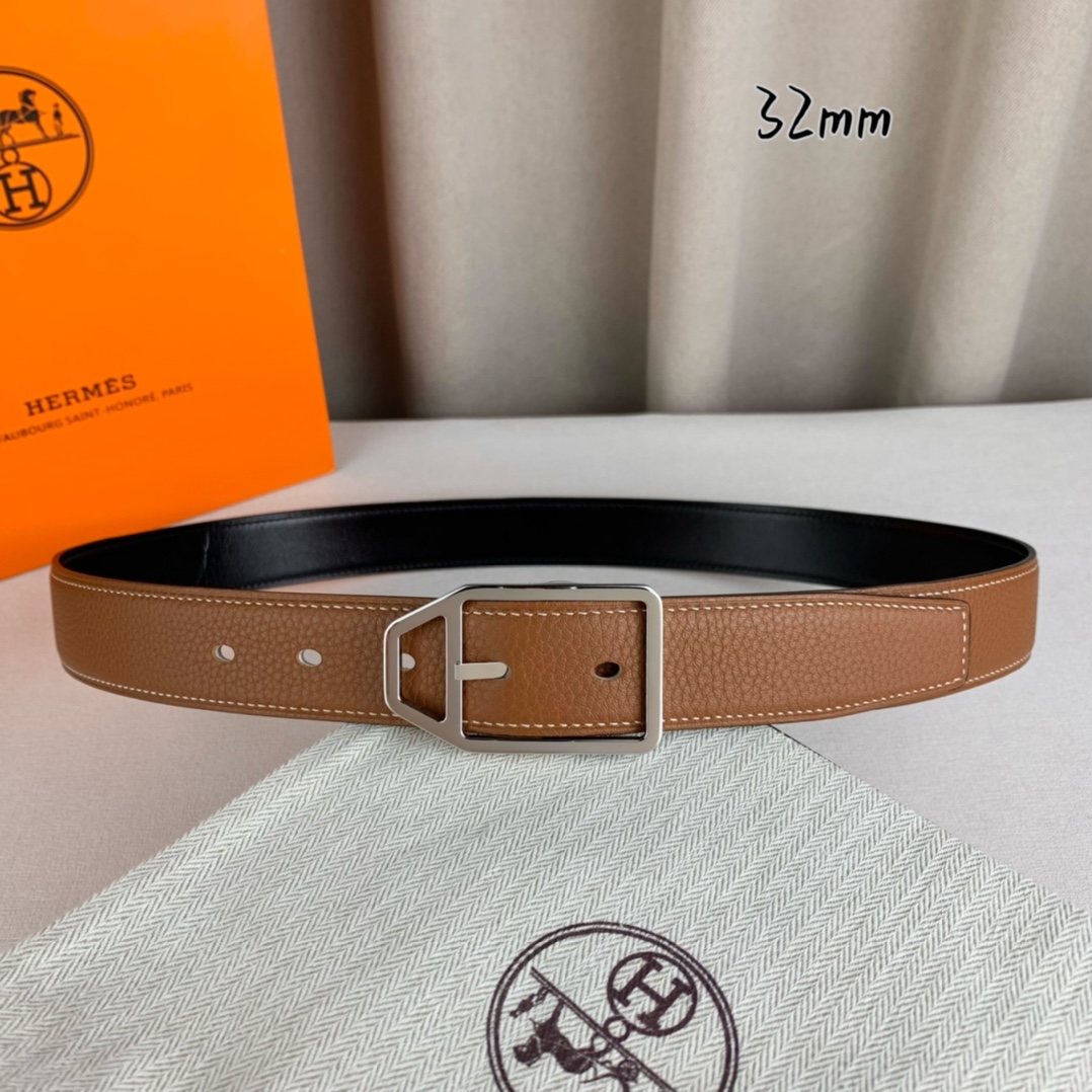   Hermès 爱马仕针扣  原单品质 进口头层牛皮 土黄色荔枝纹搭配黑色平纹   32mm宽  双面