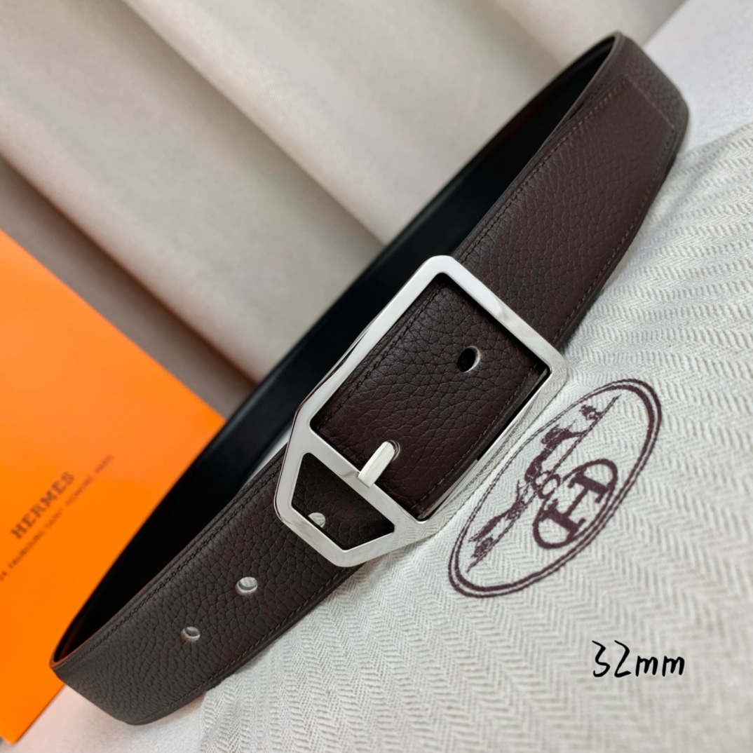   Hermès 爱马仕针扣  原单品质 进口头层牛皮 咖啡色荔枝纹搭配黑色平纹   32mm宽  双面