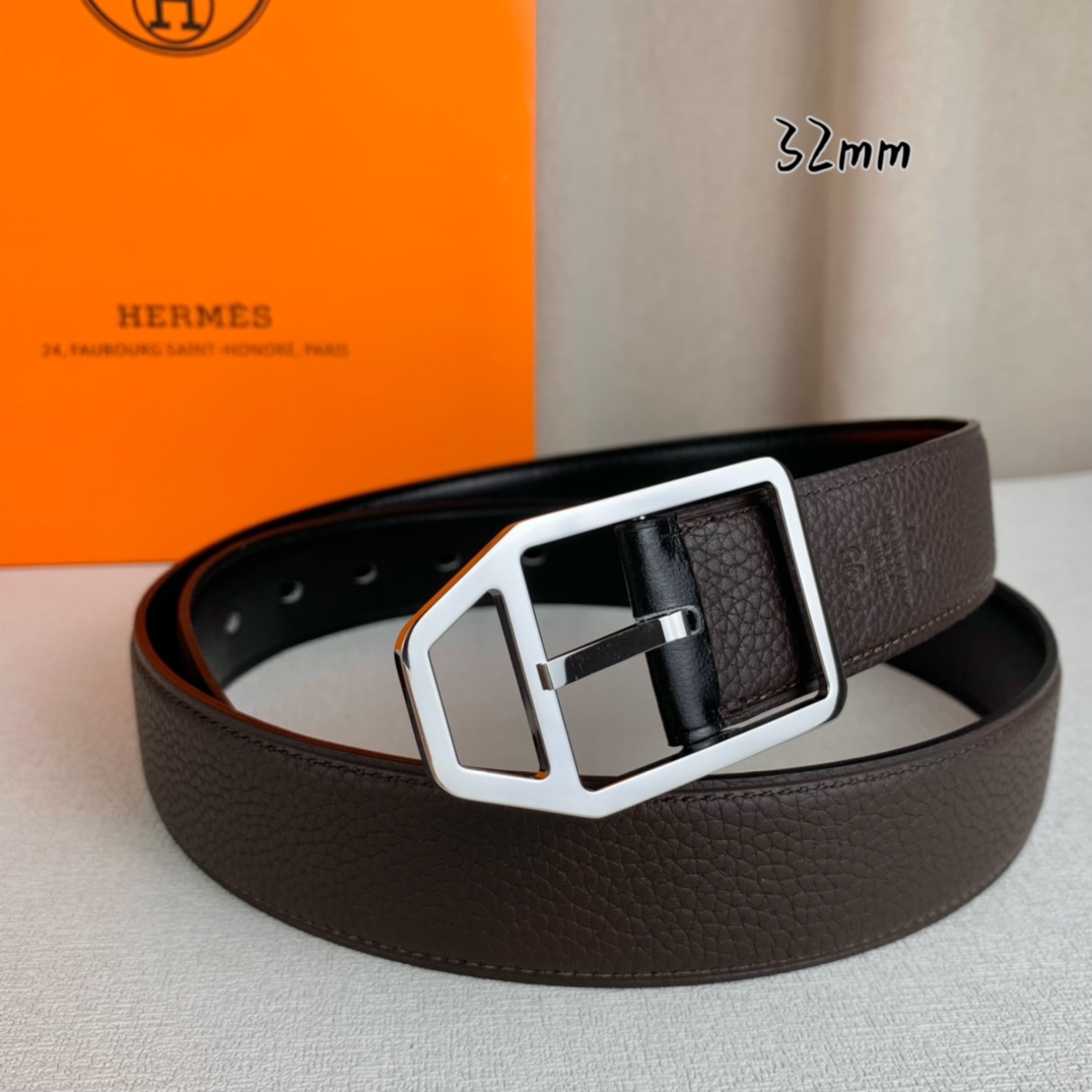   Hermès 爱马仕针扣  原单品质 进口头层牛皮 咖啡色荔枝纹搭配黑色平纹   32mm宽  双面