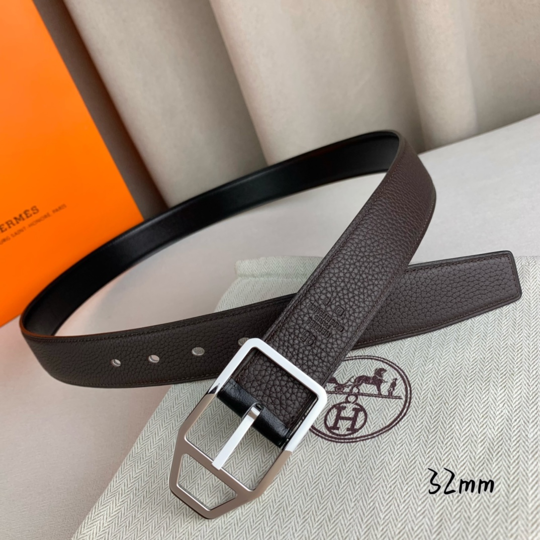   Hermès 爱马仕针扣  原单品质 进口头层牛皮 咖啡色荔枝纹搭配黑色平纹   32mm宽  双面
