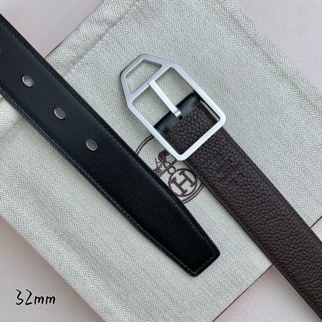   Hermès 爱马仕针扣  原单品质 进口头层牛皮 咖啡色荔枝纹搭配黑色平纹   32mm宽  双面