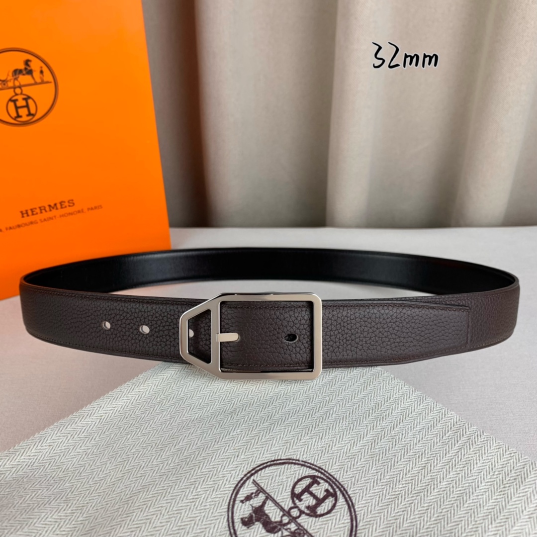   Hermès 爱马仕针扣  原单品质 进口头层牛皮 咖啡色荔枝纹搭配黑色平纹   32mm宽  双面