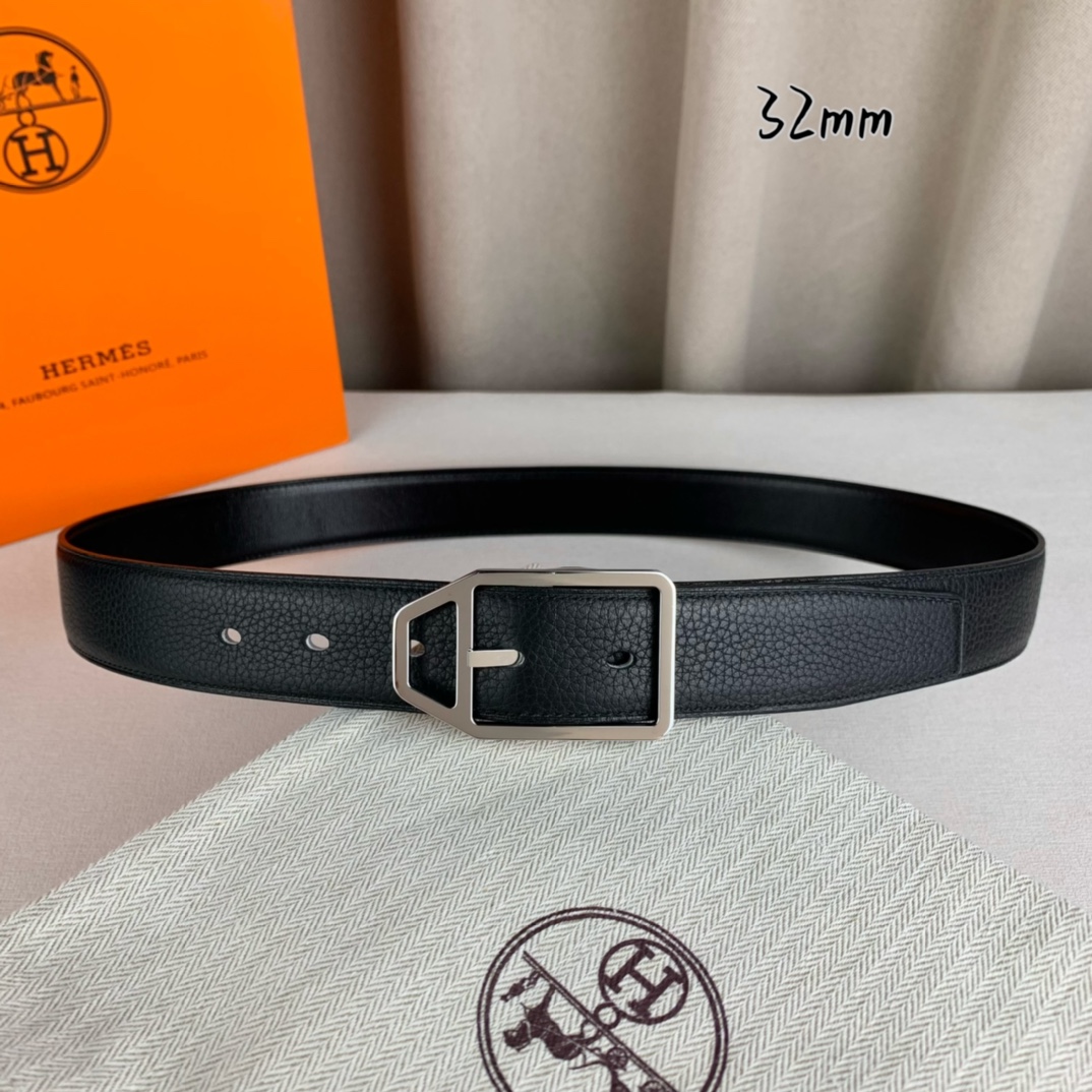   Hermès 爱马仕针扣  原单品质 进口头层牛皮 黑色荔枝纹搭配黑色平纹   32mm宽  双面可