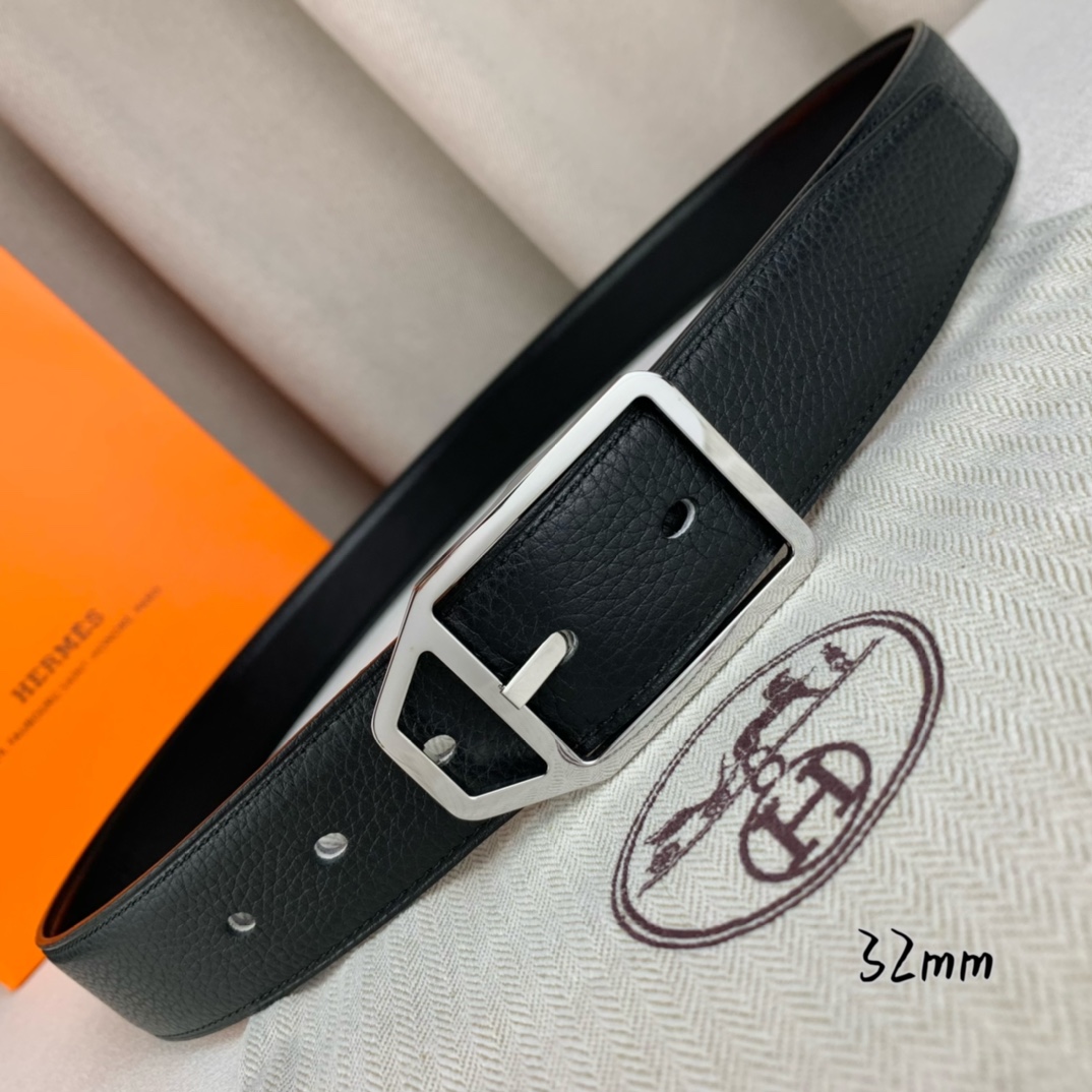   Hermès 爱马仕针扣  原单品质 进口头层牛皮 黑色荔枝纹搭配黑色平纹   32mm宽  双面可