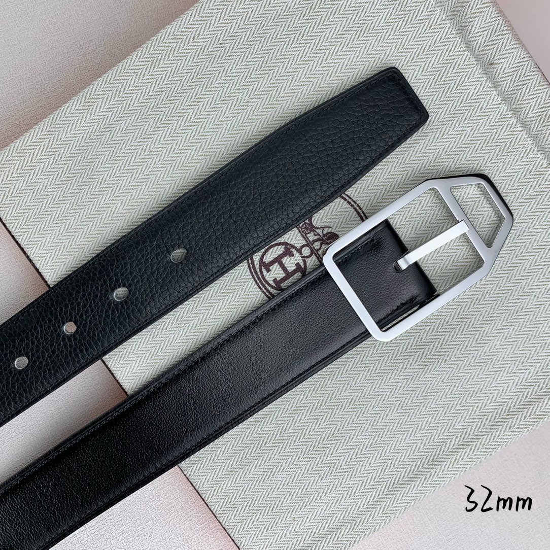   Hermès 爱马仕针扣  原单品质 进口头层牛皮 黑色荔枝纹搭配黑色平纹   32mm宽  双面可