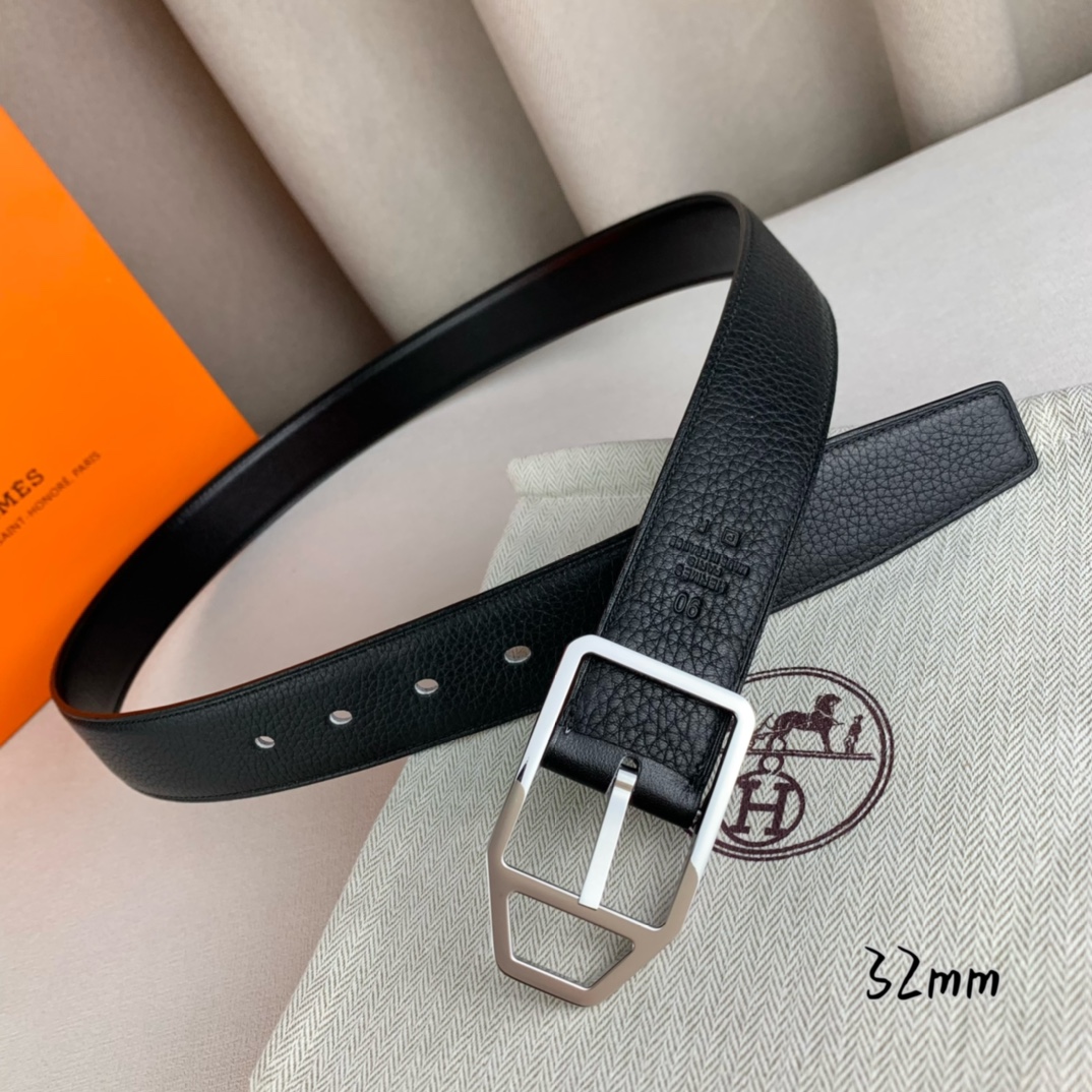   Hermès 爱马仕针扣  原单品质 进口头层牛皮 黑色荔枝纹搭配黑色平纹   32mm宽  双面可