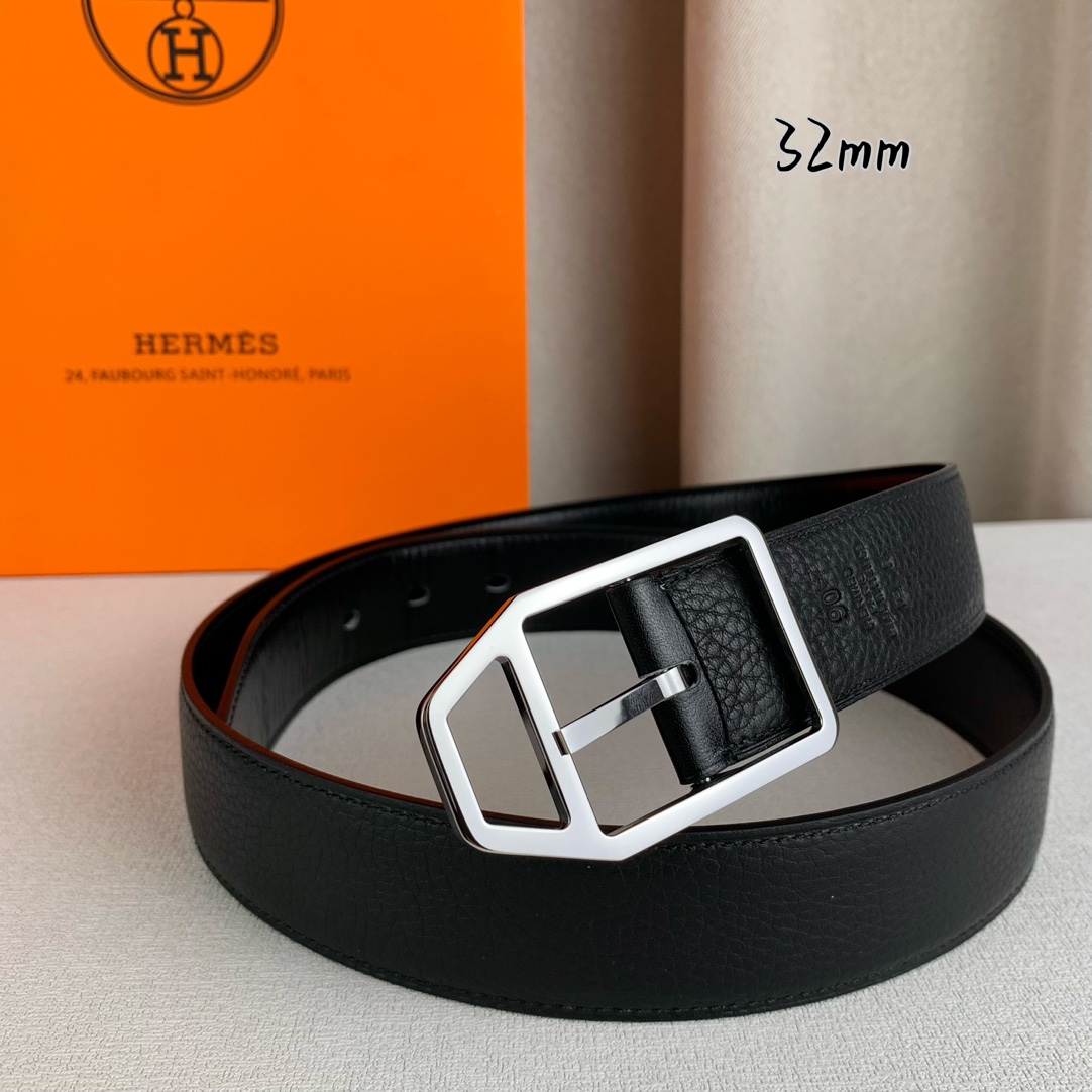   Hermès 爱马仕针扣  原单品质 进口头层牛皮 黑色荔枝纹搭配黑色平纹   32mm宽  双面可