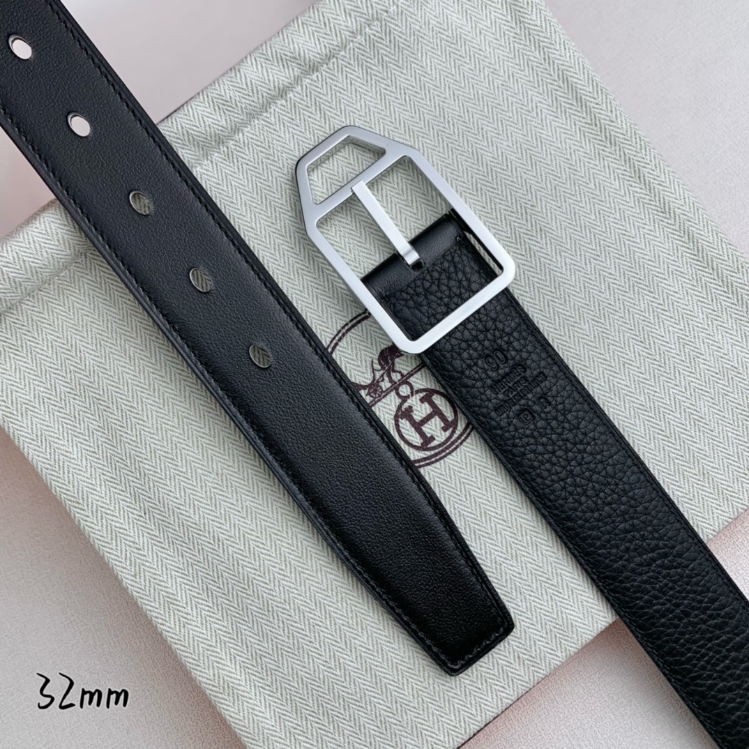   Hermès 爱马仕针扣  原单品质 进口头层牛皮 黑色荔枝纹搭配黑色平纹   32mm宽  双面可