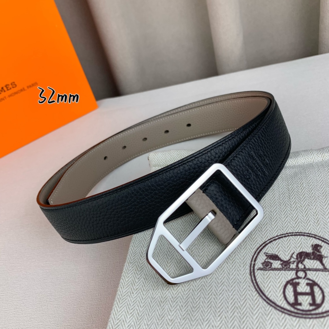  Hermès 爱马仕针扣皮带  原单品质 双面荔枝纹  黑+灰  32mm宽  双面可用  配官网经典