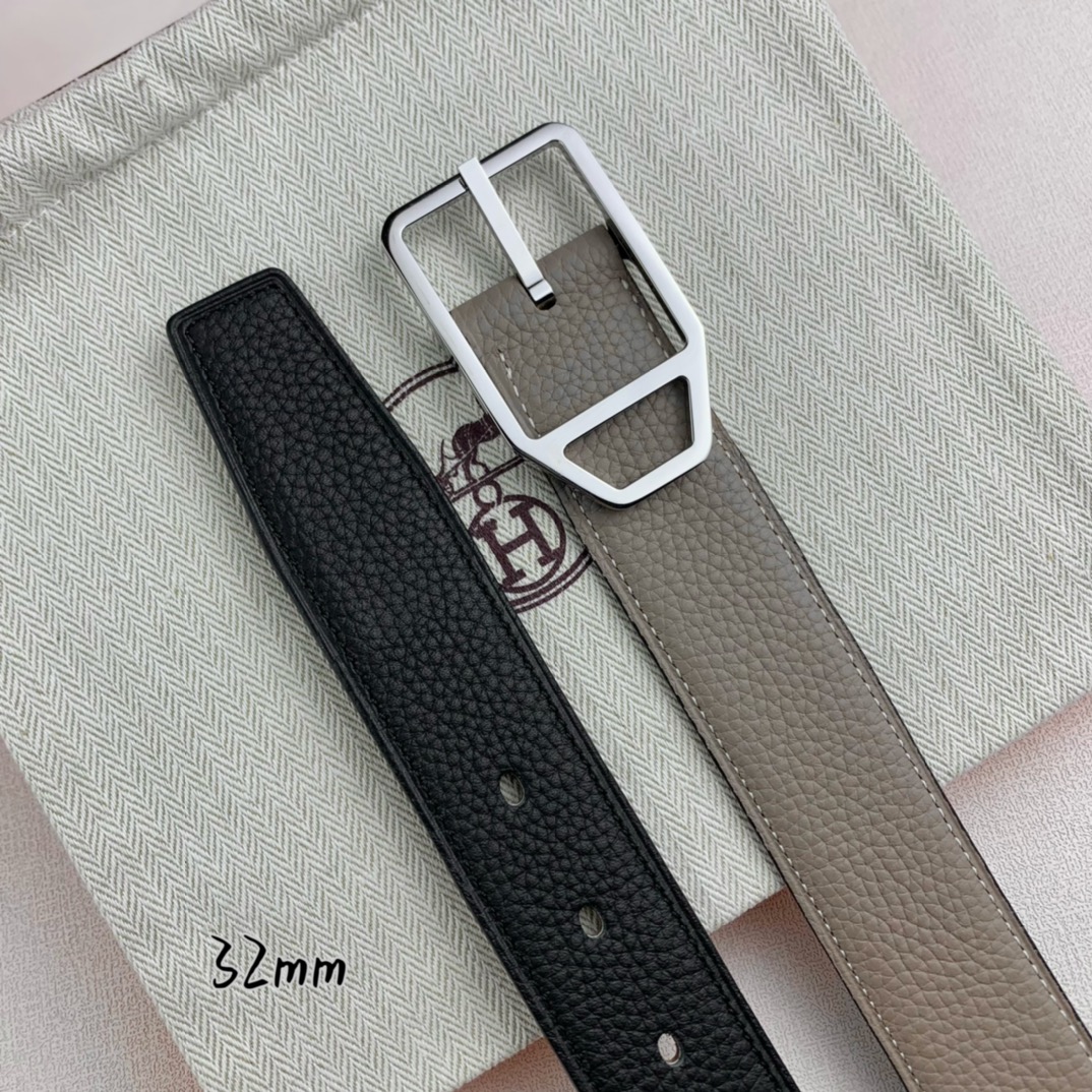  Hermès 爱马仕针扣皮带  原单品质 双面荔枝纹  黑+灰  32mm宽  双面可用  配官网经典