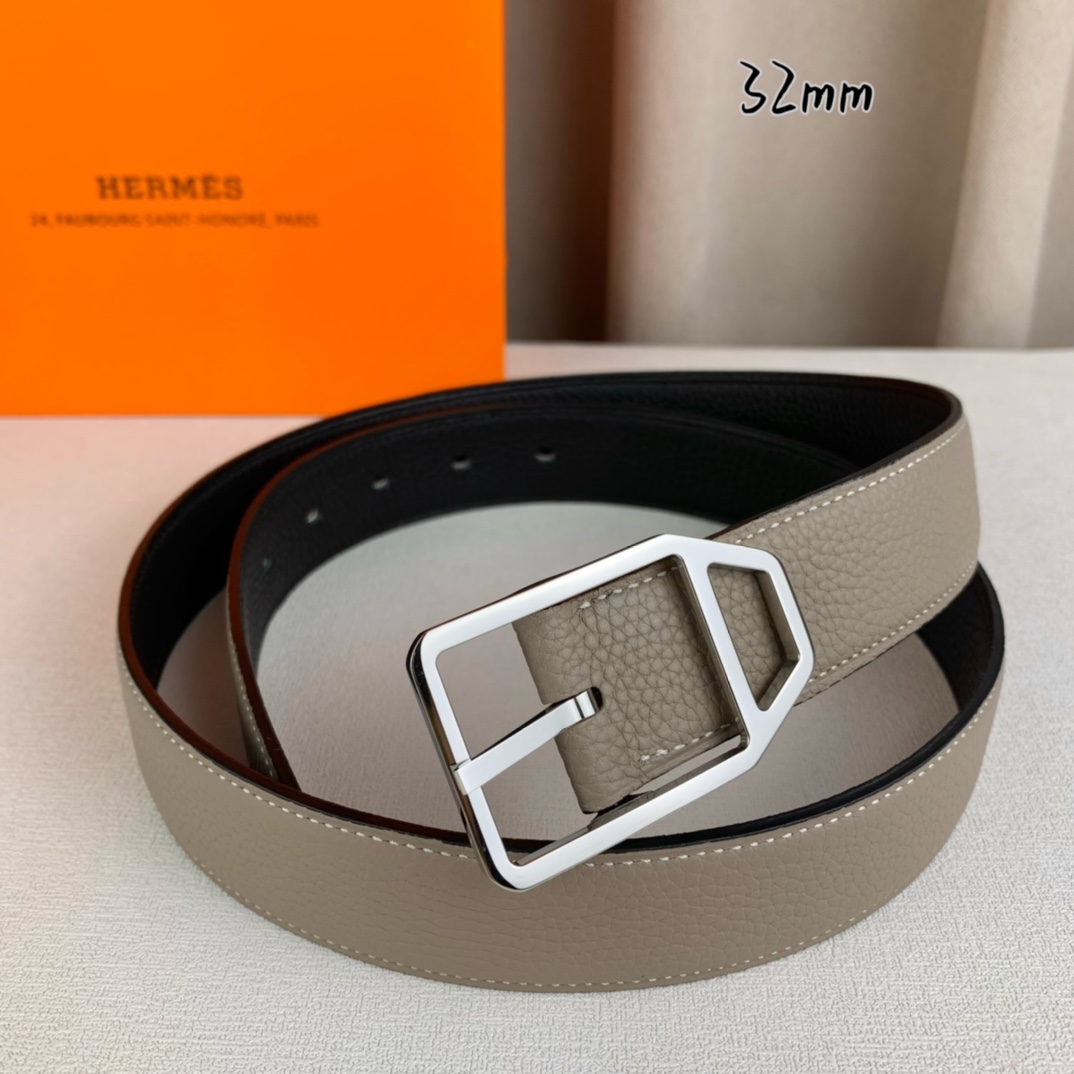  Hermès 爱马仕针扣皮带  原单品质 双面荔枝纹  黑+灰  32mm宽  双面可用  配官网经典