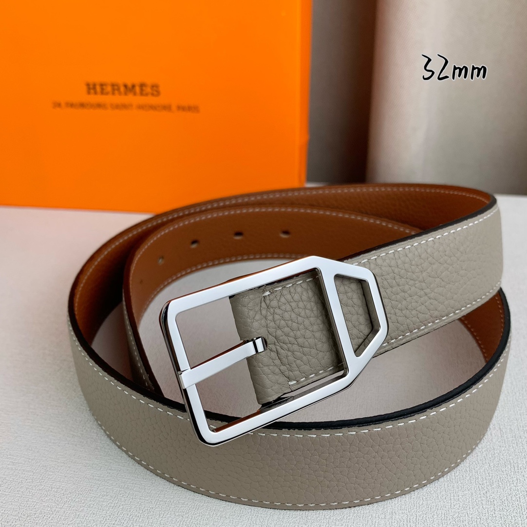  Hermès 爱马仕针扣皮带  原单品质 双面荔枝纹  土黄+灰  32mm宽  双面可用  配官网经
