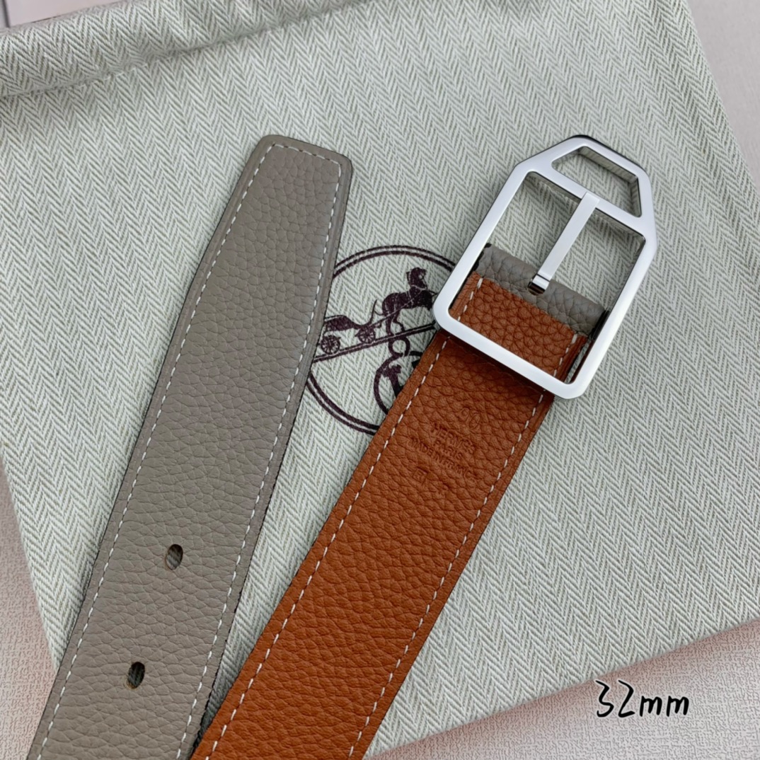  Hermès 爱马仕针扣皮带  原单品质 双面荔枝纹  土黄+灰  32mm宽  双面可用  配官网经