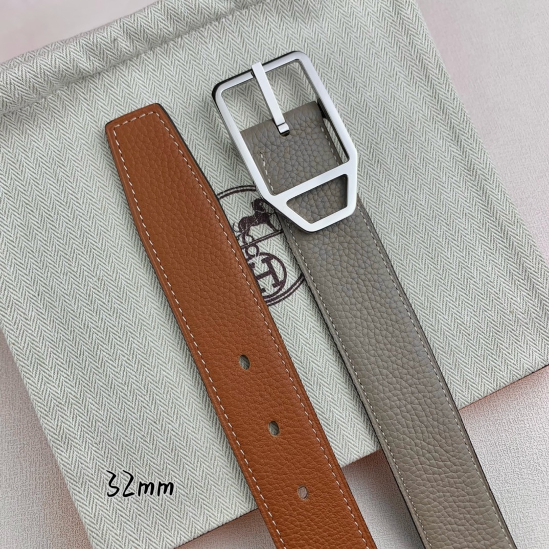  Hermès 爱马仕针扣皮带  原单品质 双面荔枝纹  土黄+灰  32mm宽  双面可用  配官网经