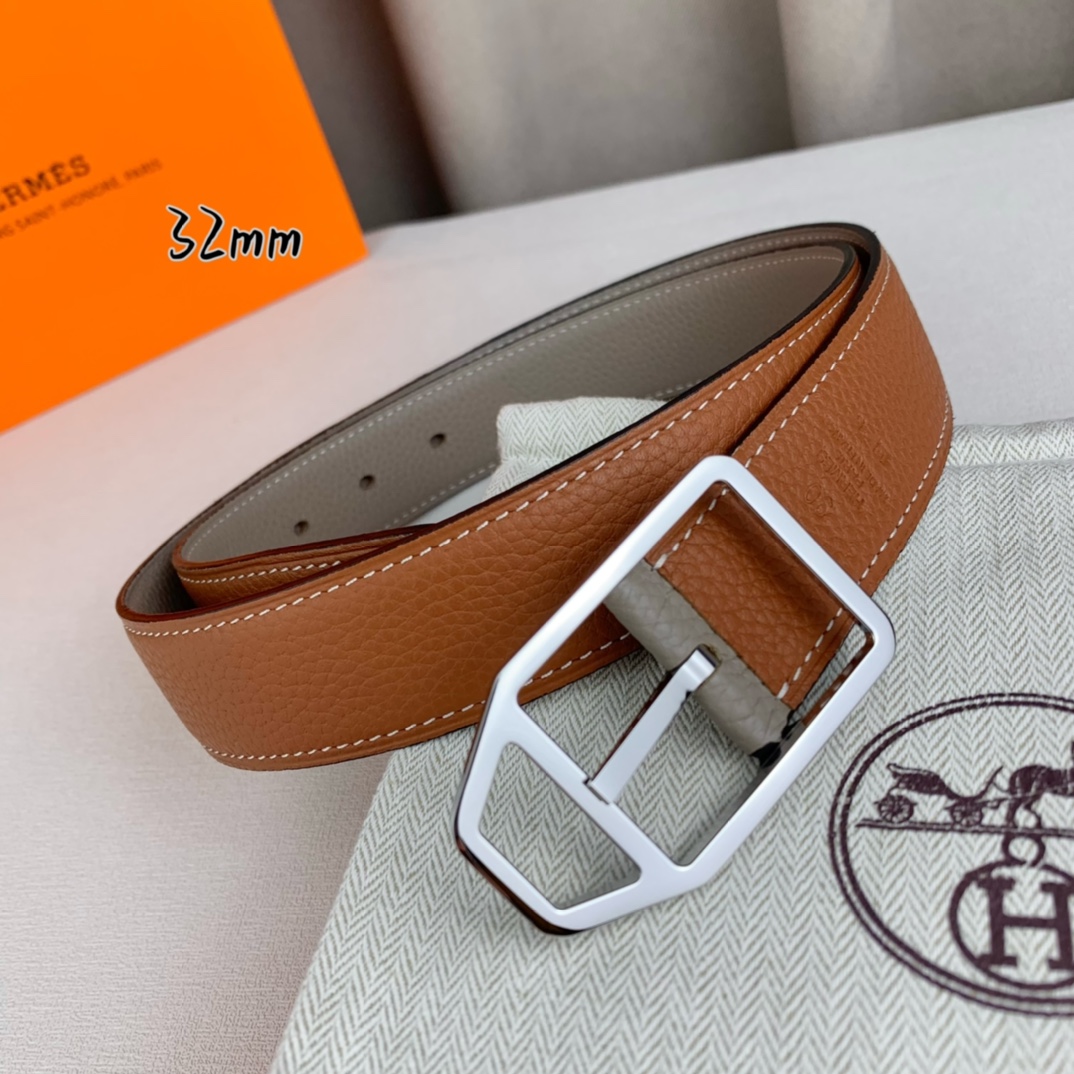  Hermès 爱马仕针扣皮带  原单品质 双面荔枝纹  土黄+灰  32mm宽  双面可用  配官网经