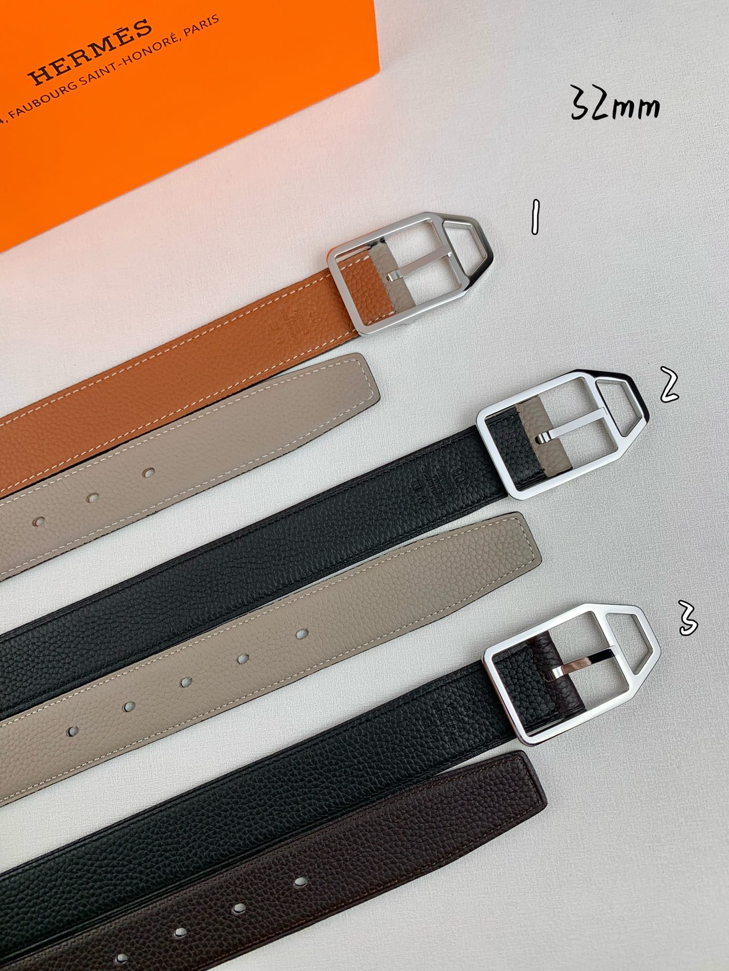  Hermès 爱马仕针扣皮带  原单品质 双面荔枝纹  32mm宽  双面可用  配官网经典亮银扣