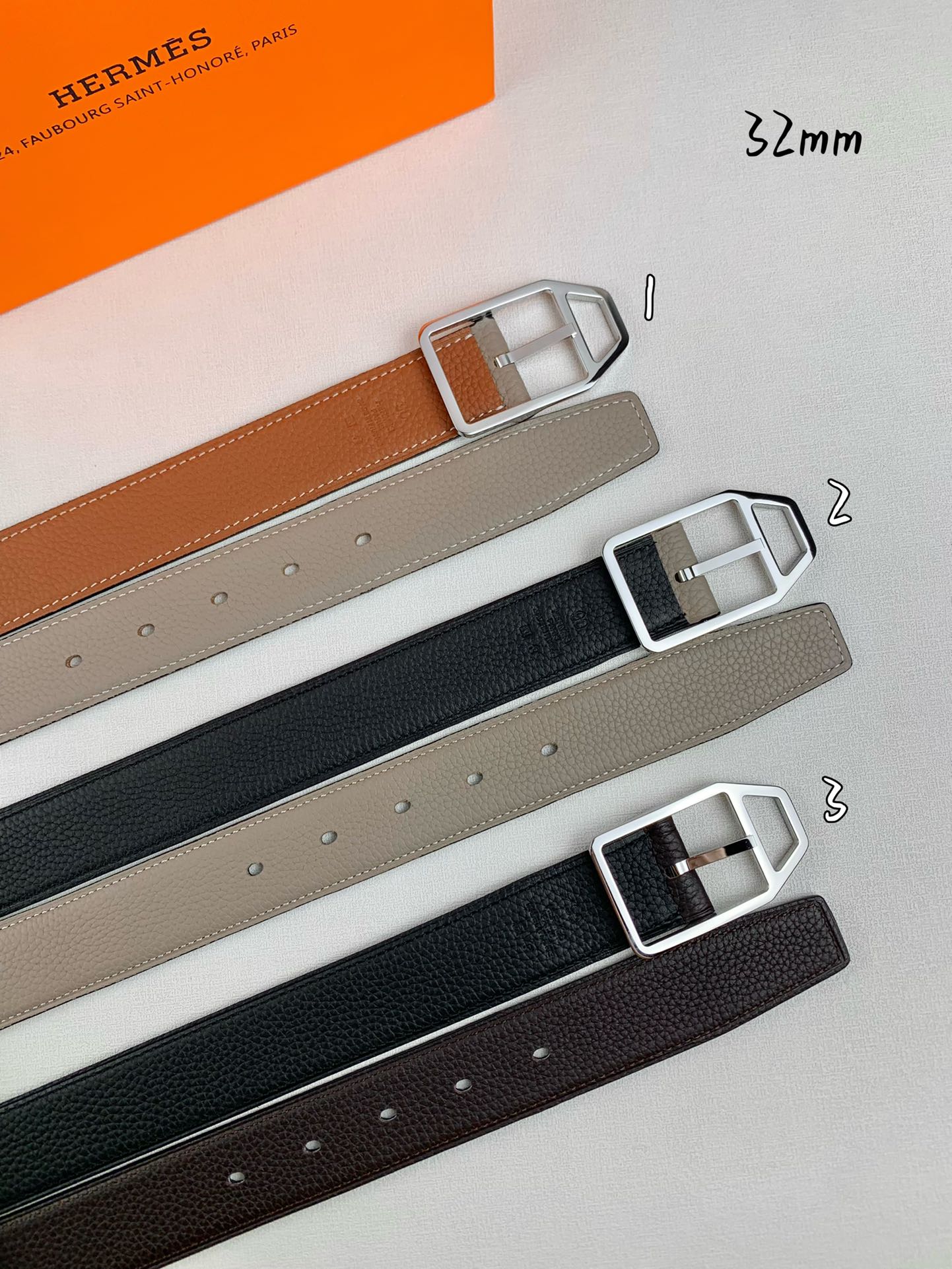  Hermès 爱马仕针扣皮带  原单品质 双面荔枝纹  32mm宽  双面可用  配官网经典亮银扣