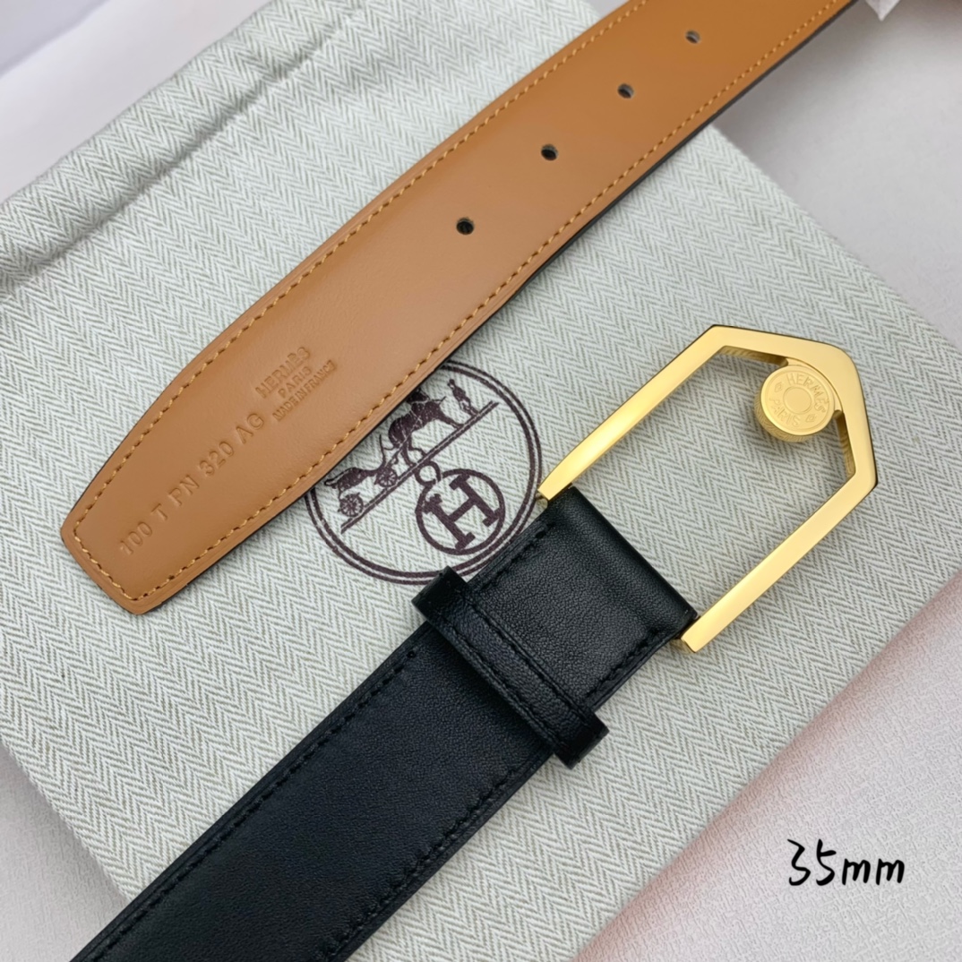 Hermès 爱马仕 新款皮带  原单品质  进口头层牛皮 黑色平纹面搭配土黄色平纹底  35mm宽  